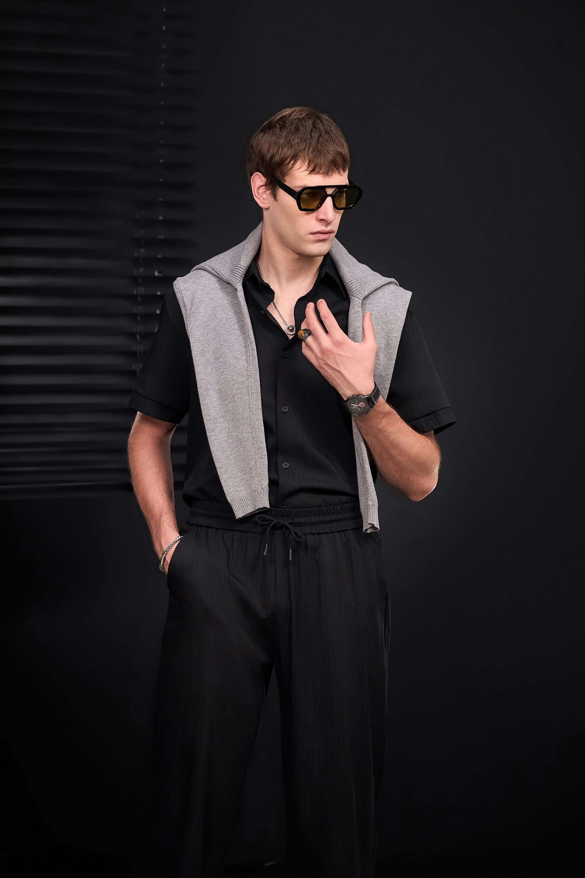 Flow Set – Textured Short Sleeve Shirt & Pant BLACK
