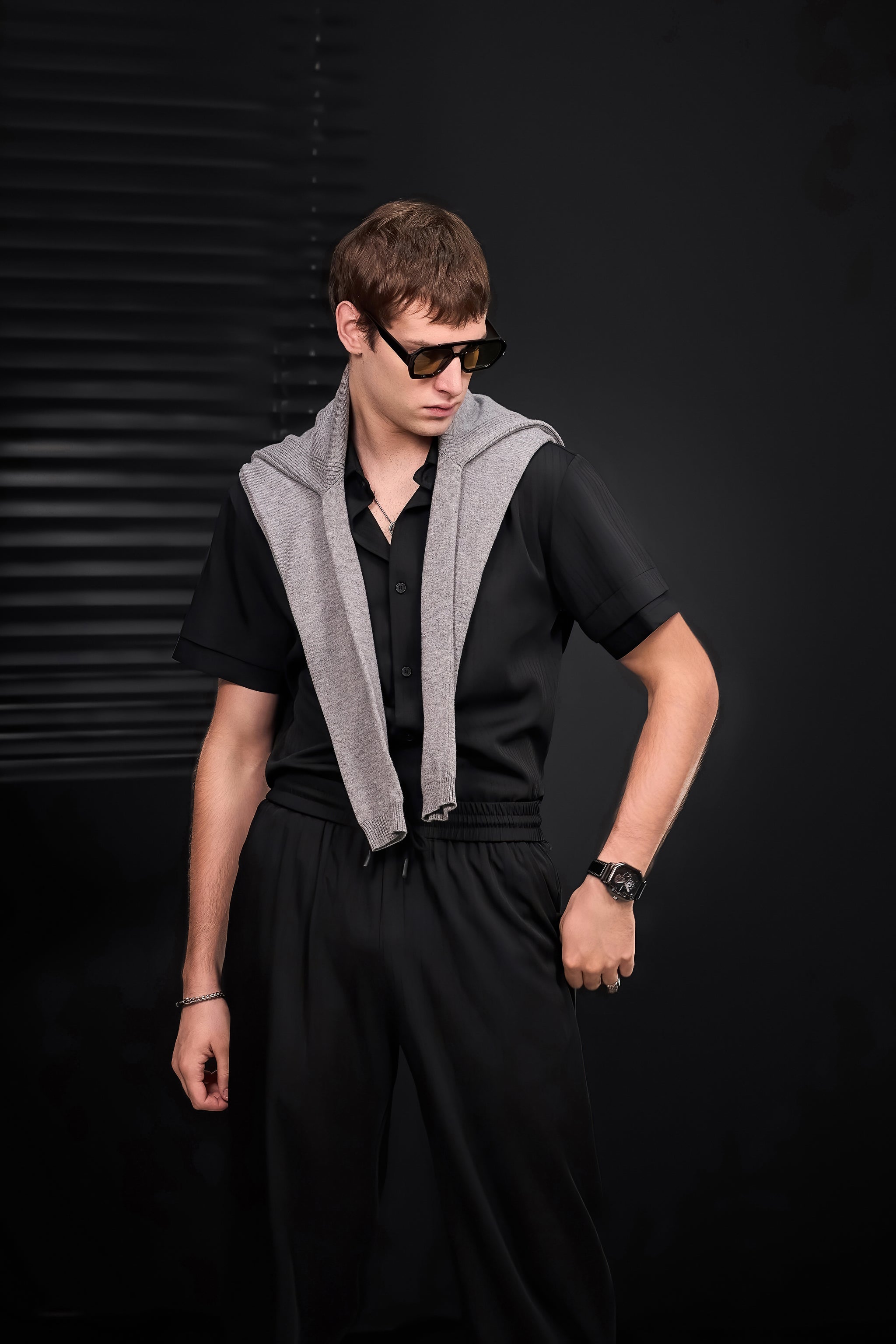 Flow Set – Textured Short Sleeve Shirt & Pant BLACK