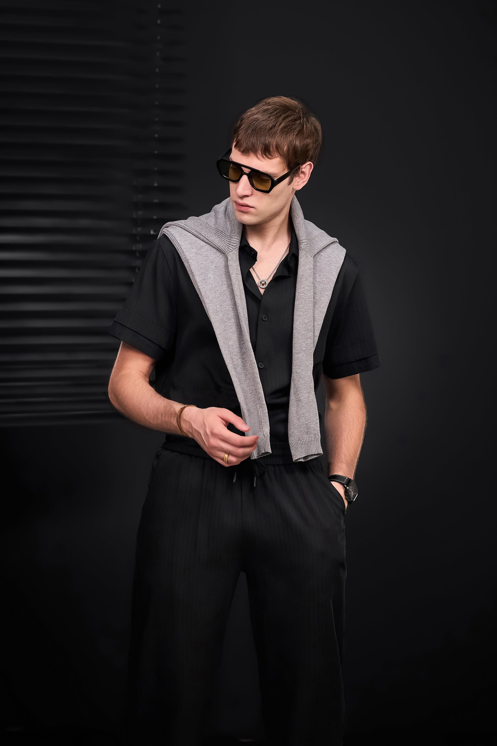Flow Set – Textured Short Sleeve Shirt & Pant BLACK