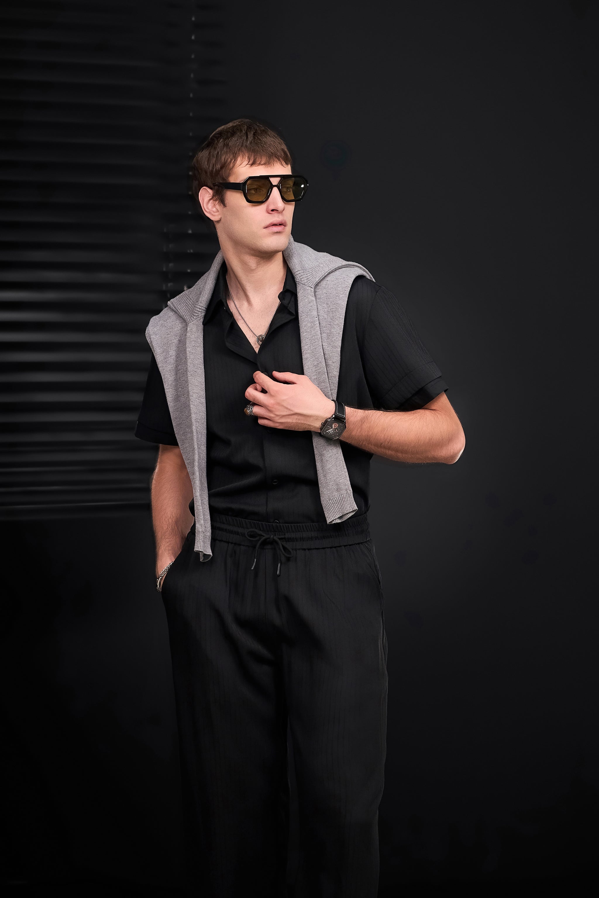 Flow Set – Textured Short Sleeve Shirt & Pant BLACK