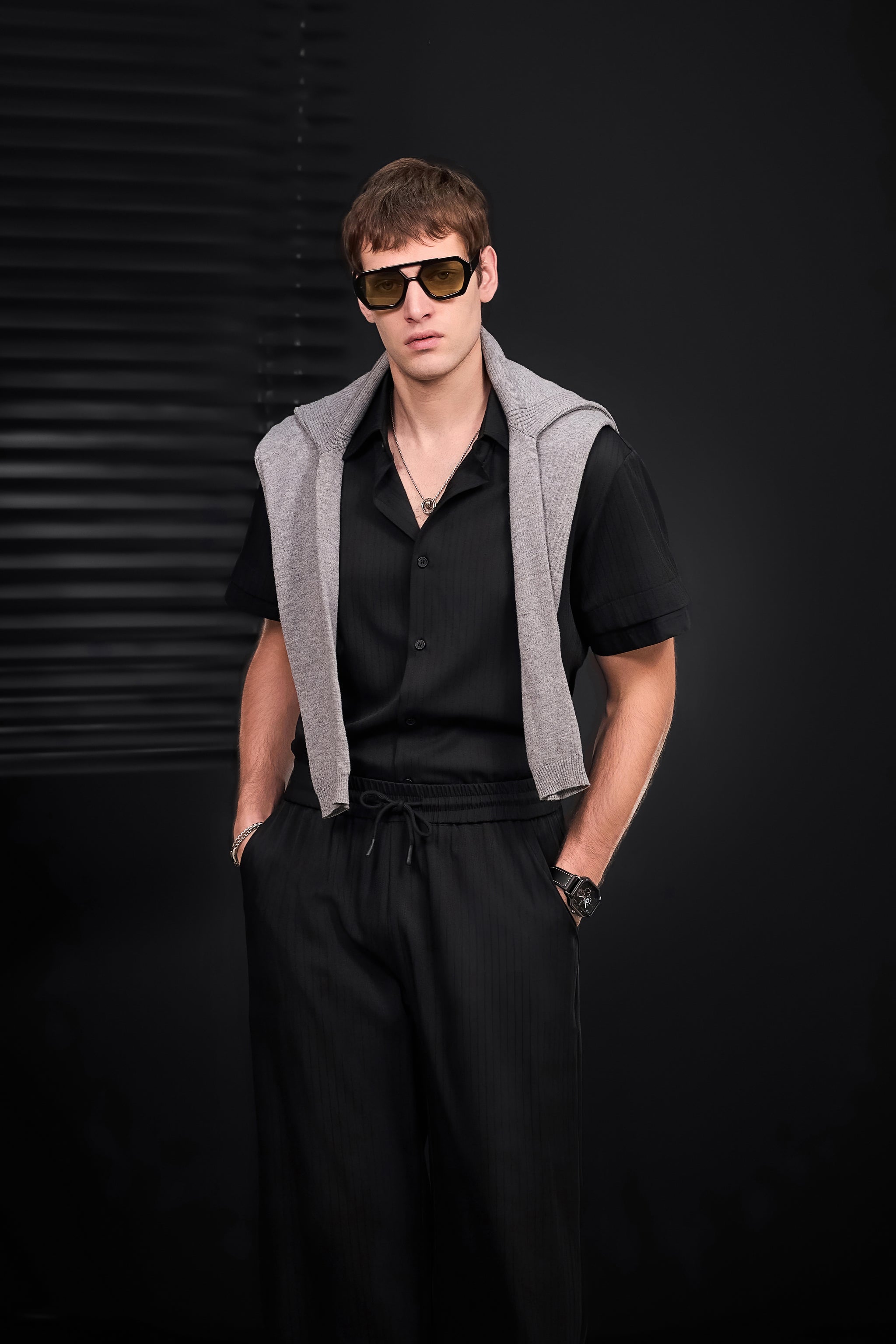 Flow Set – Textured Short Sleeve Shirt & Pant BLACK
