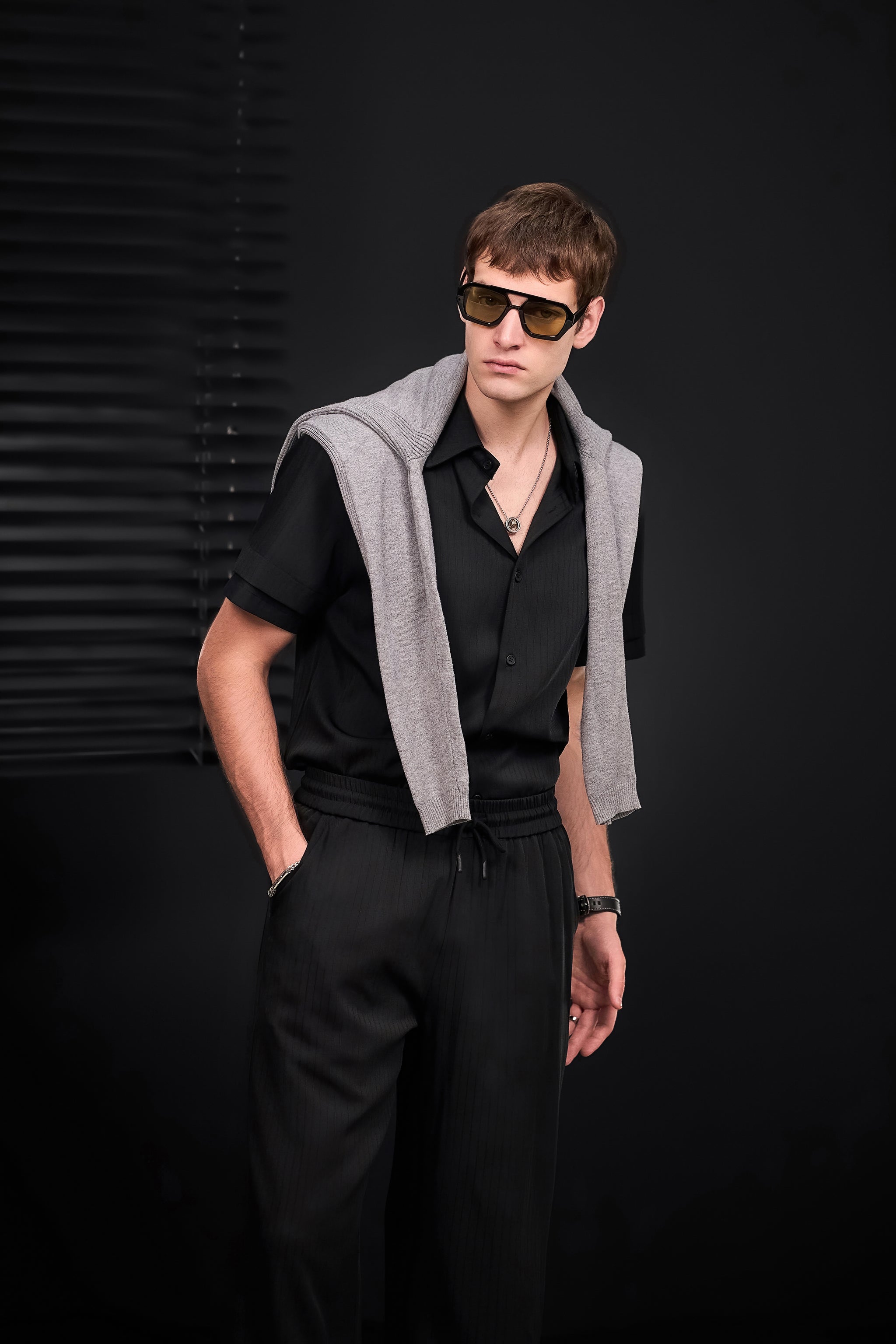 Flow Set – Textured Short Sleeve Shirt & Pant BLACK
