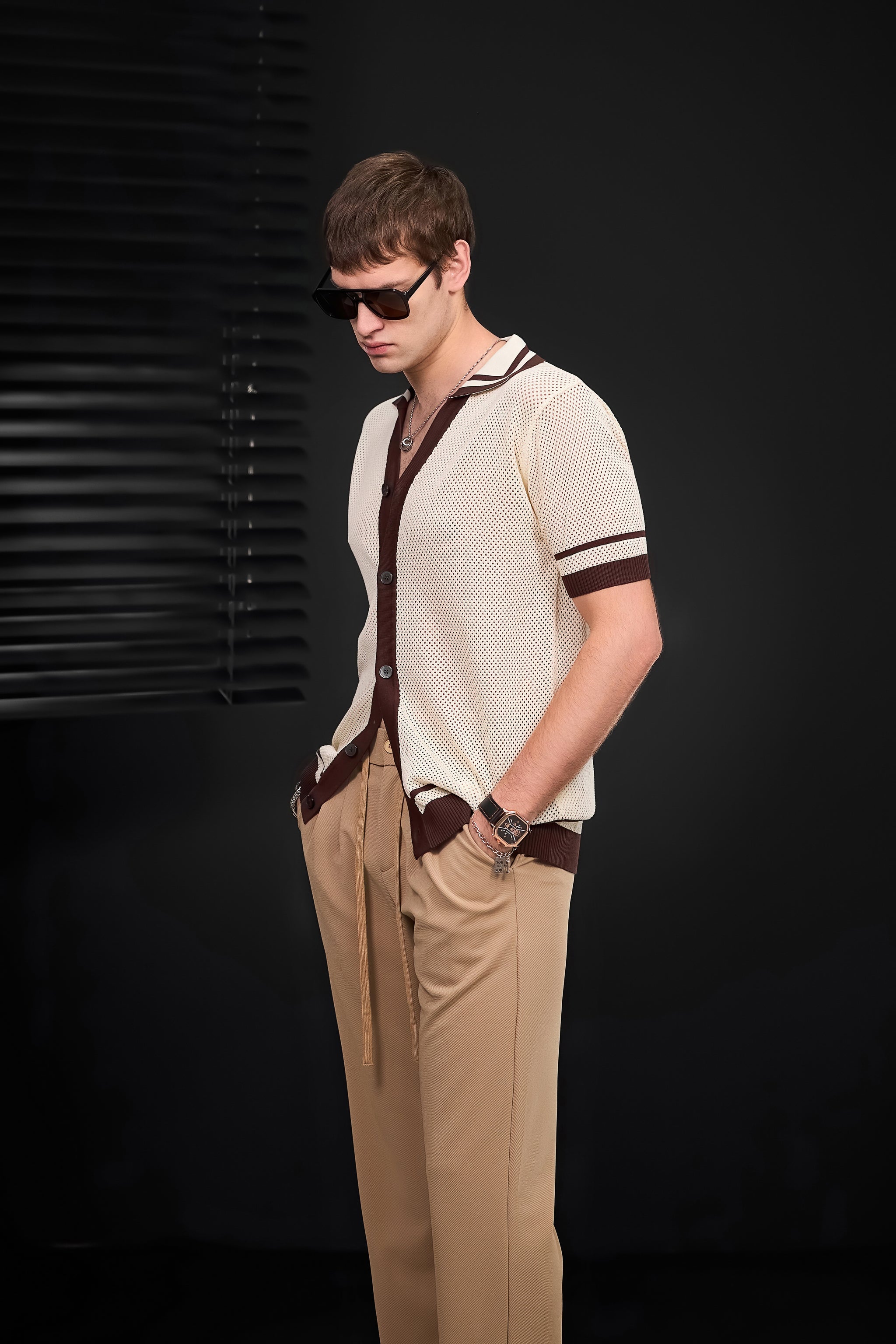 Contrast Trim Mesh Button-Up IVORY