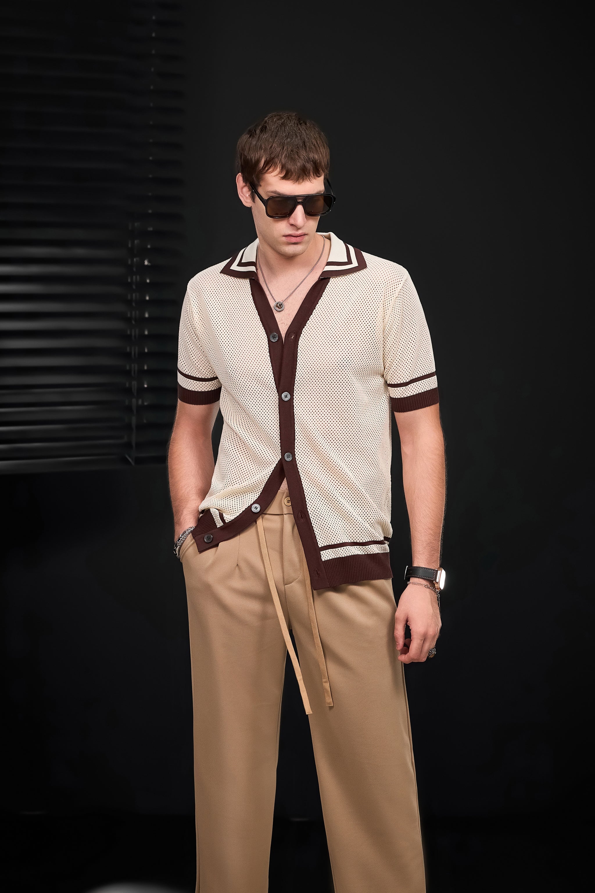 Contrast Trim Mesh Button-Up IVORY