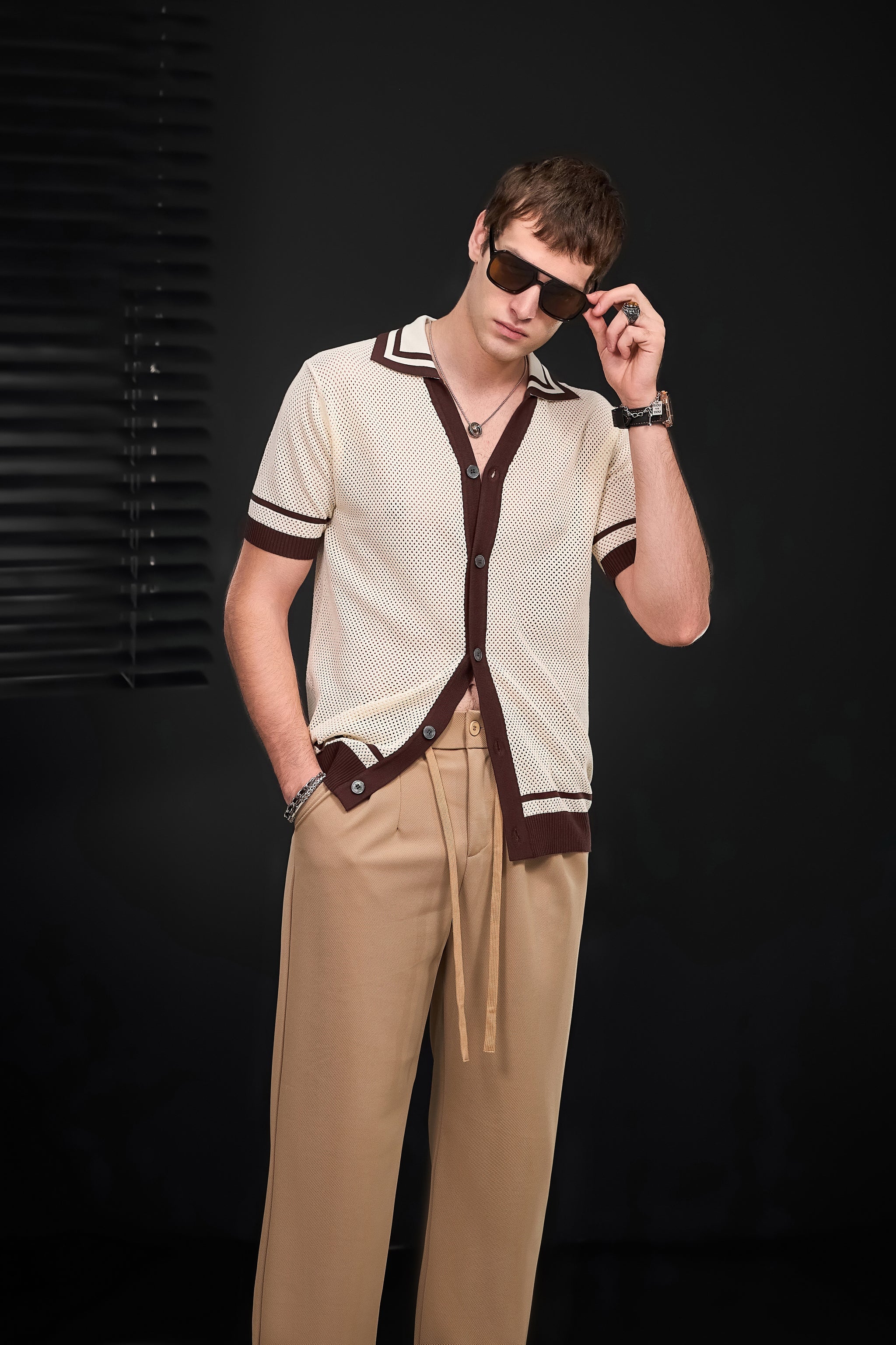 Contrast Trim Mesh Button-Up IVORY