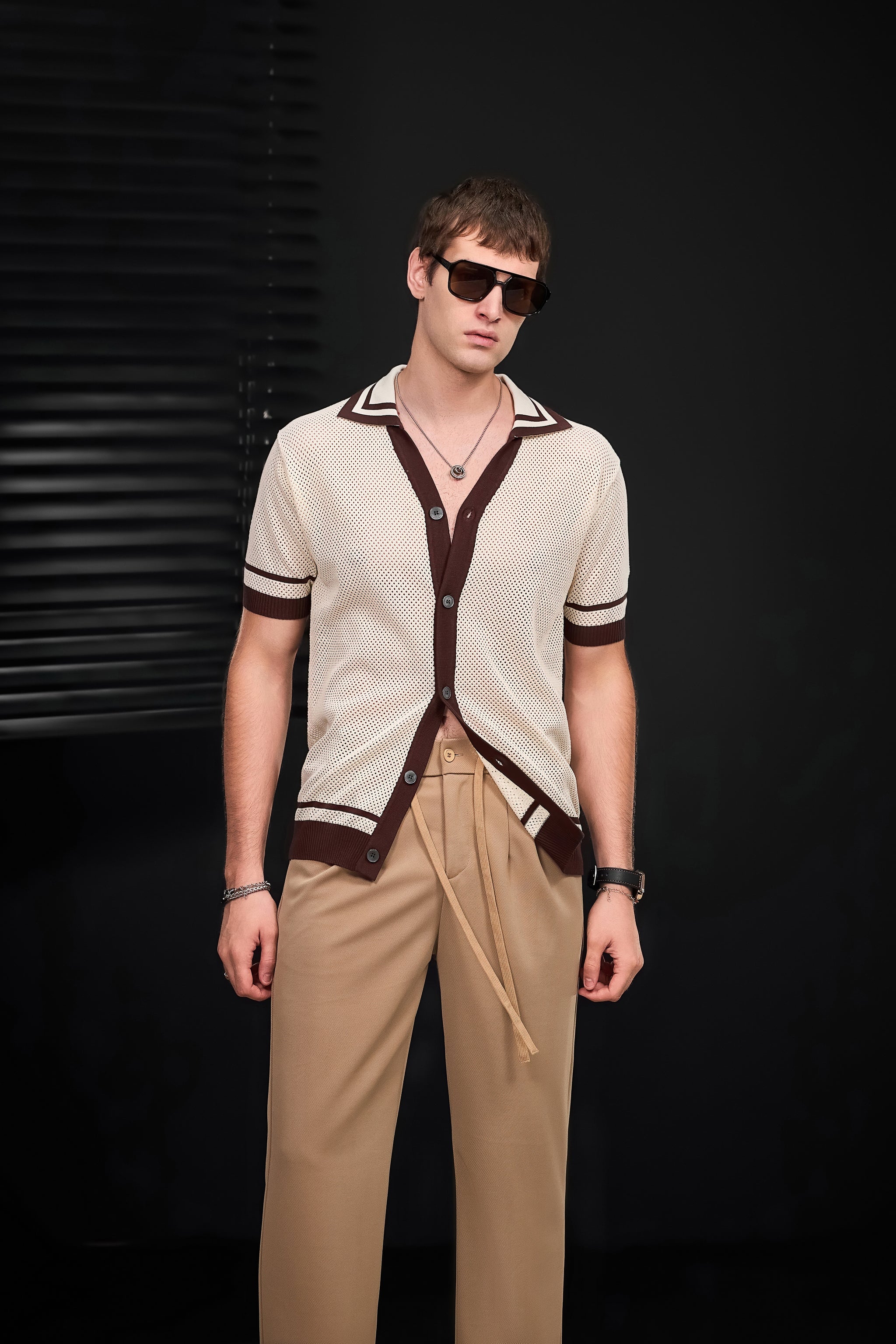 Contrast Trim Mesh Button-Up IVORY
