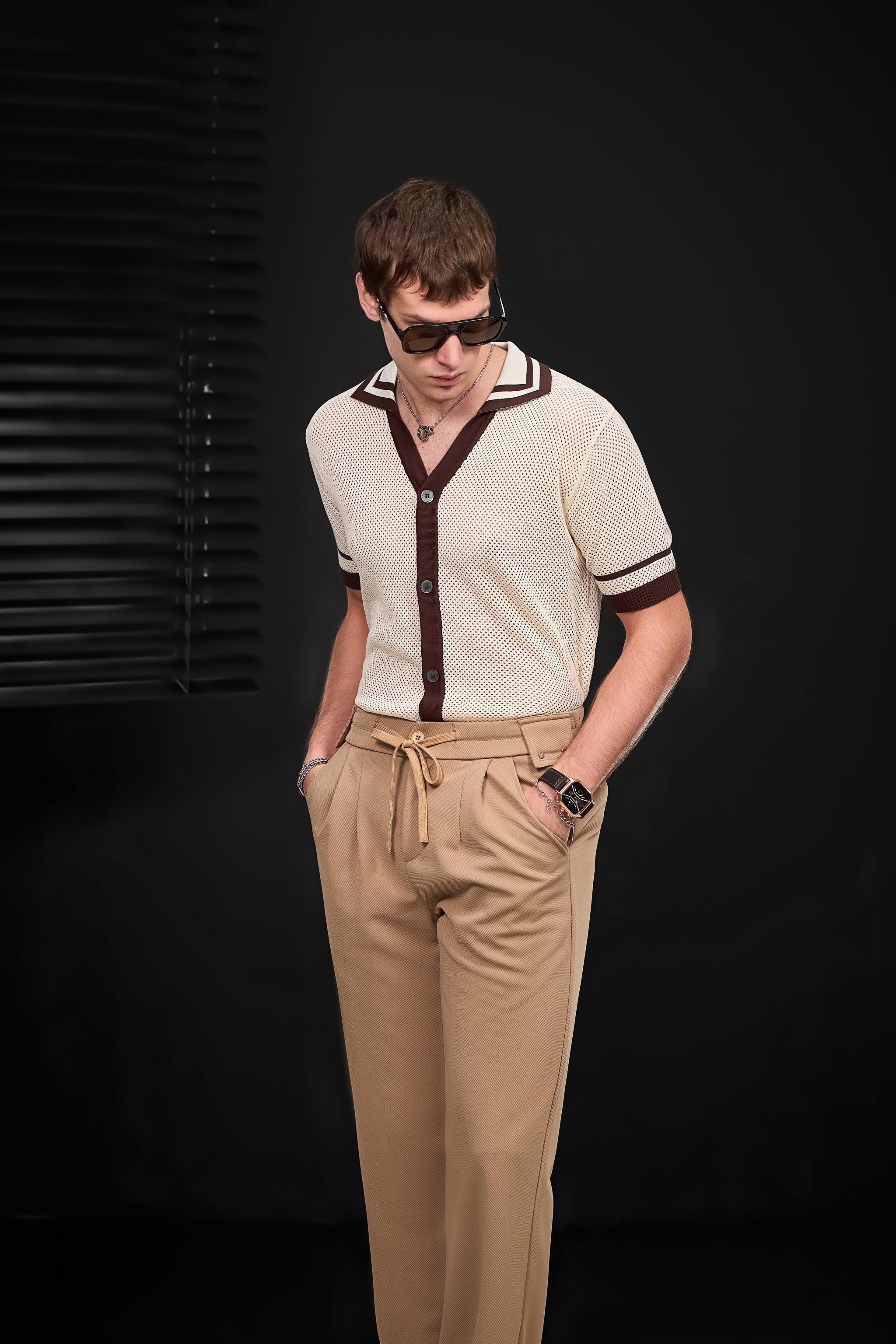 Contrast Trim Mesh Button-Up IVORY