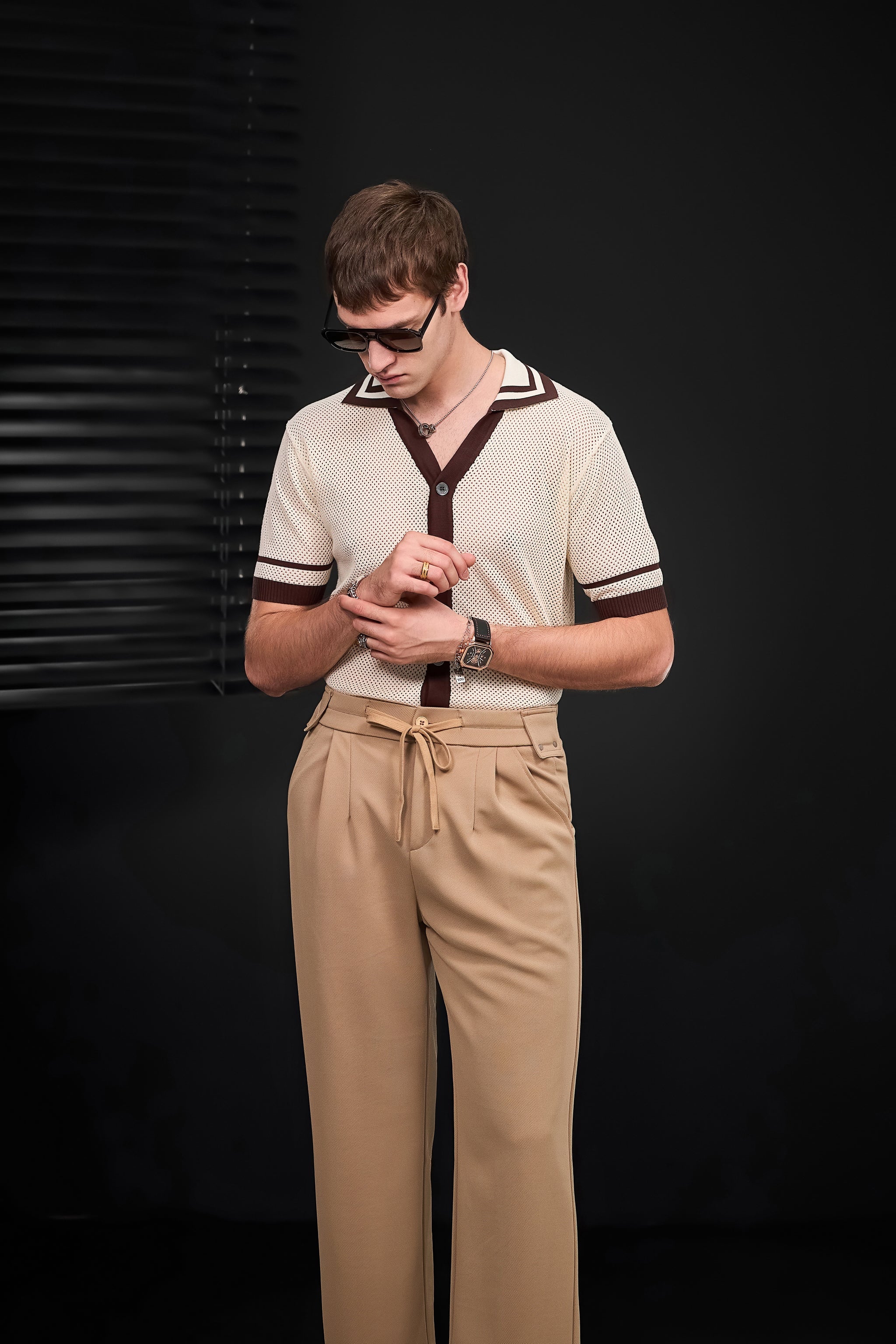 Contrast Trim Mesh Button-Up IVORY
