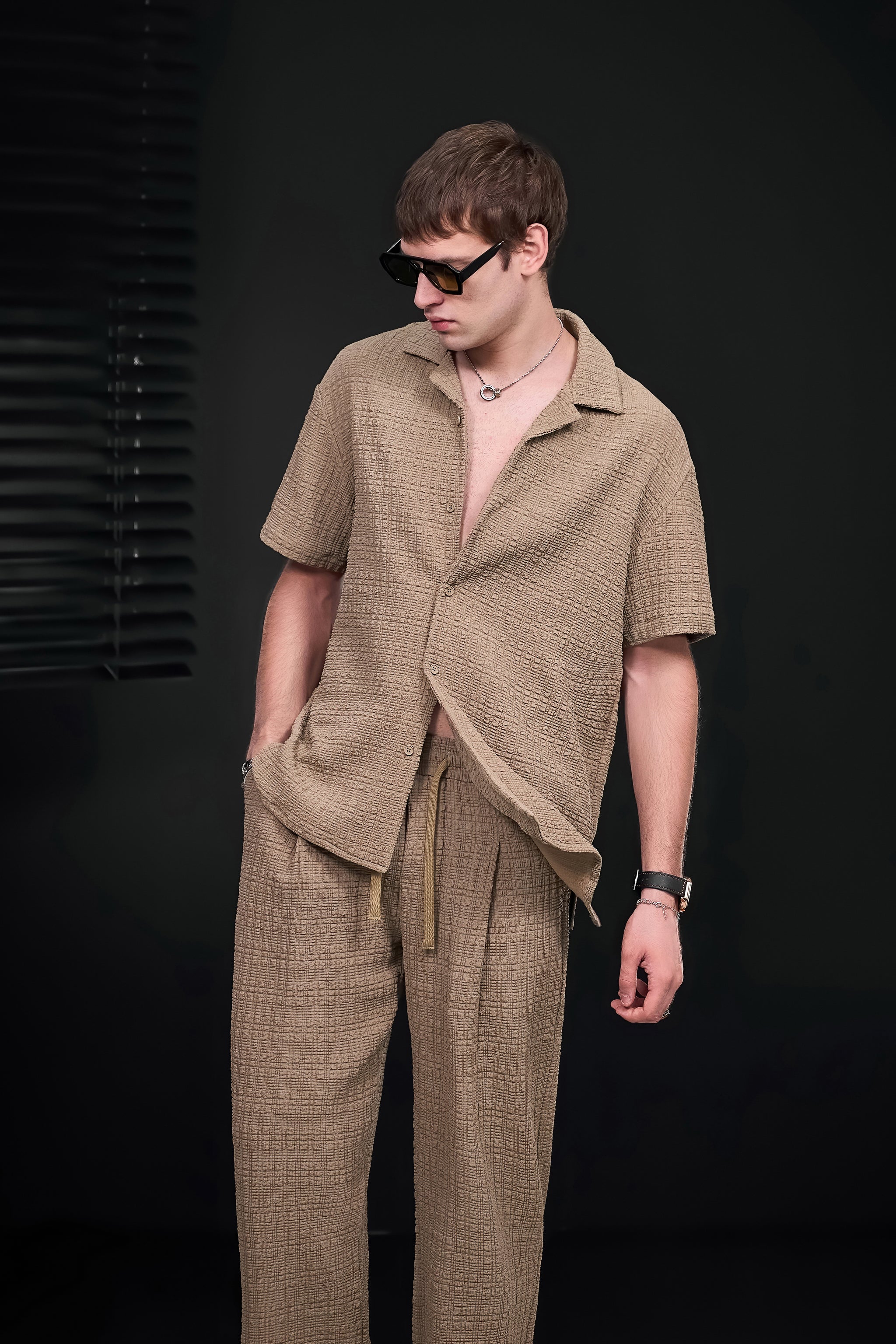 Loft Set – Textured Short Sleeve Shirt & Pant BROWN