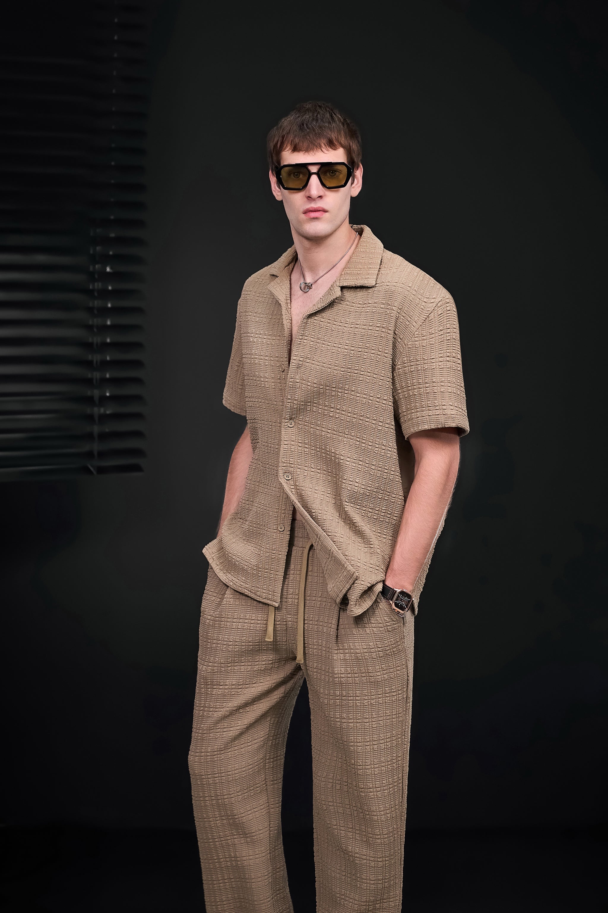 Loft Set – Textured Short Sleeve Shirt & Pant BROWN