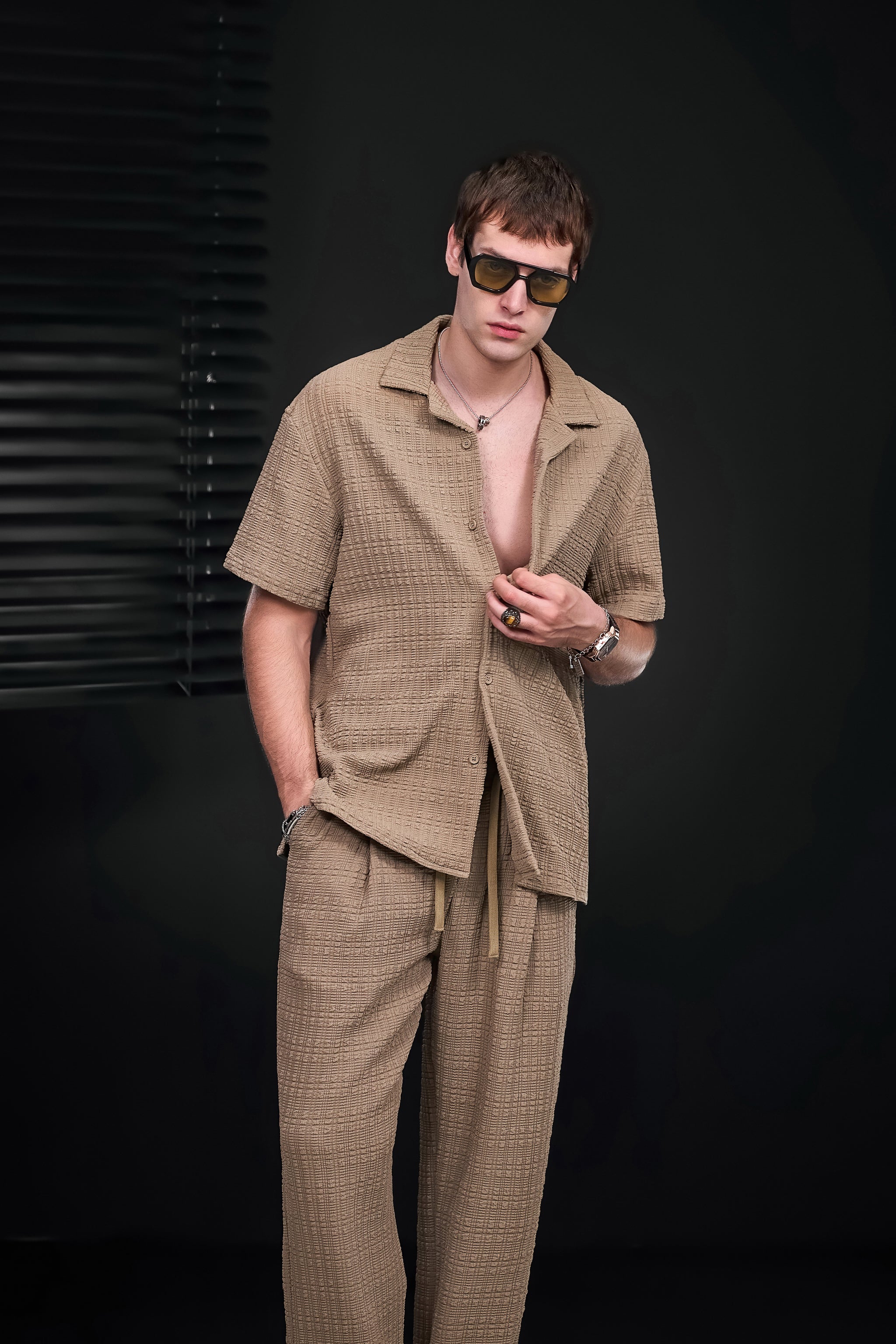 Loft Set – Textured Short Sleeve Shirt & Pant BROWN