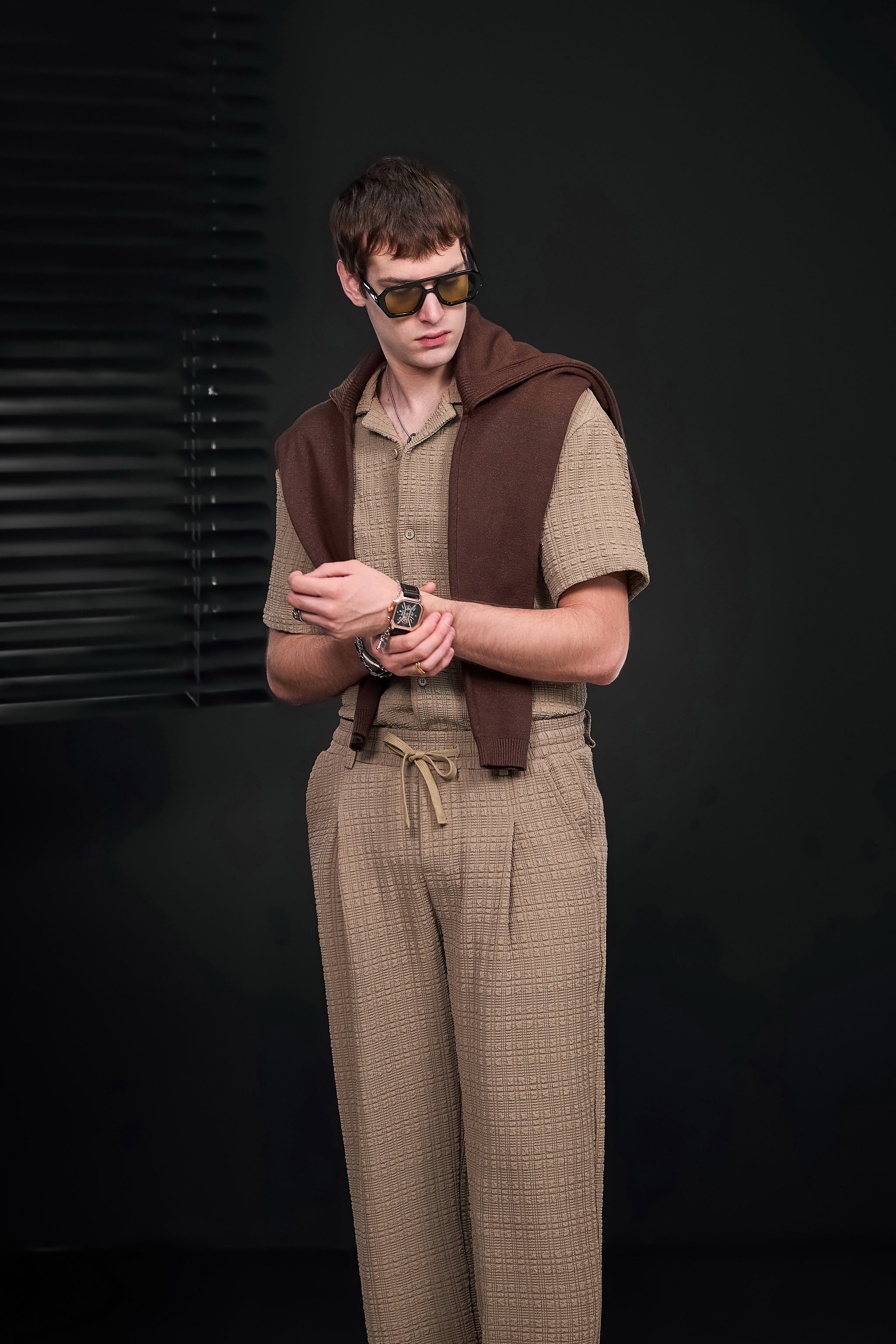Loft Set – Textured Short Sleeve Shirt & Pant BROWN