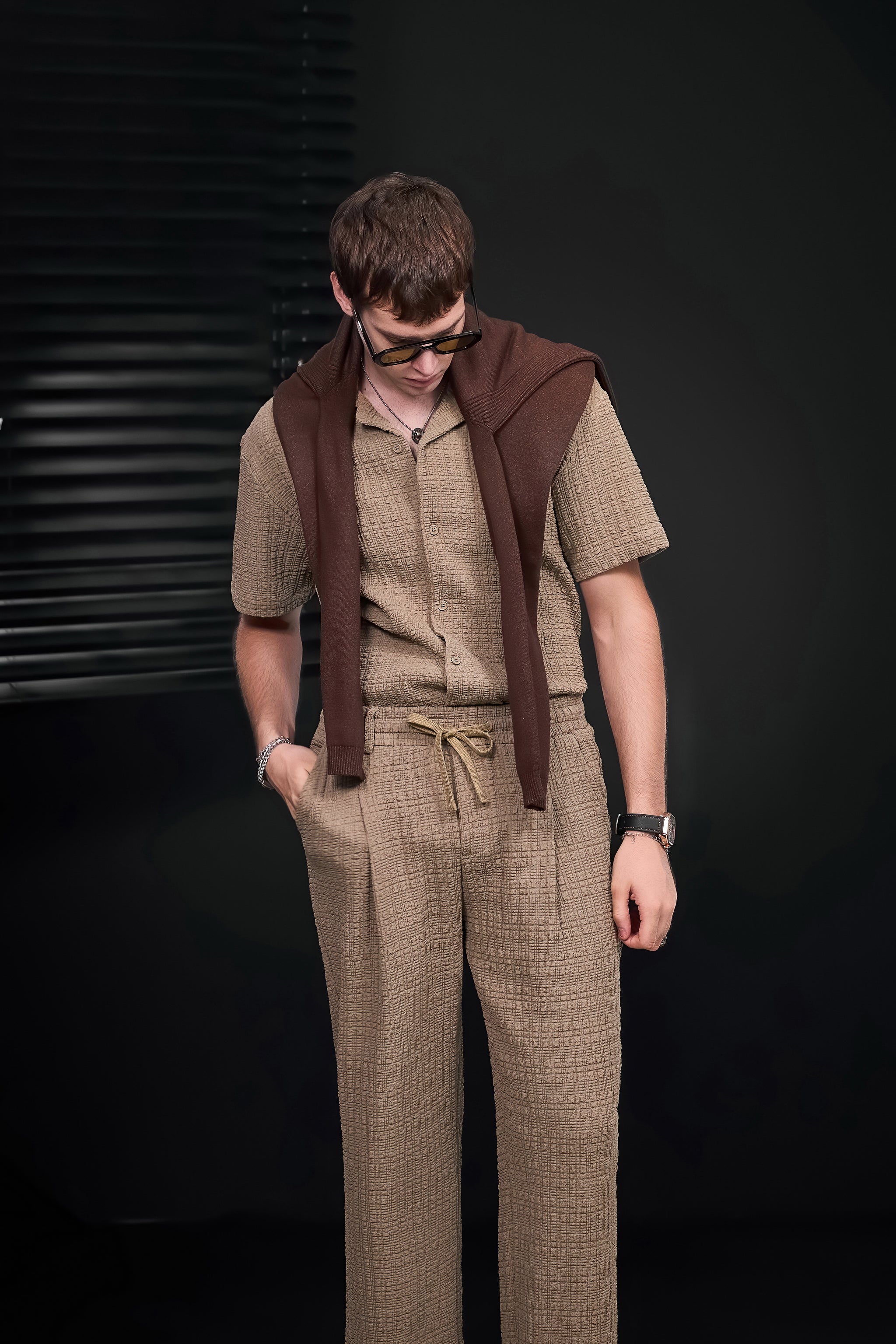 Loft Set – Textured Short Sleeve Shirt & Pant BROWN