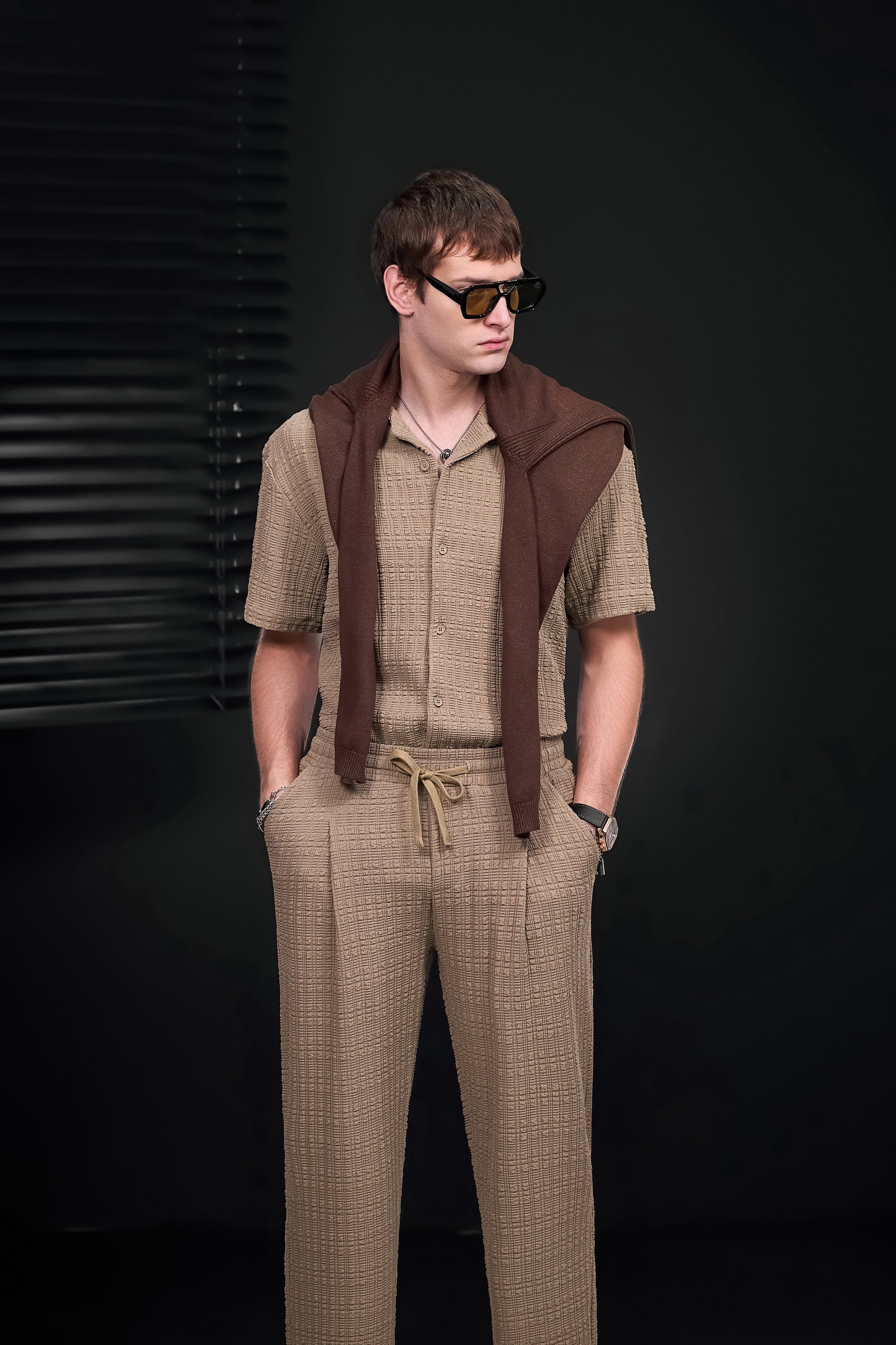 Loft Set – Textured Short Sleeve Shirt & Pant BROWN