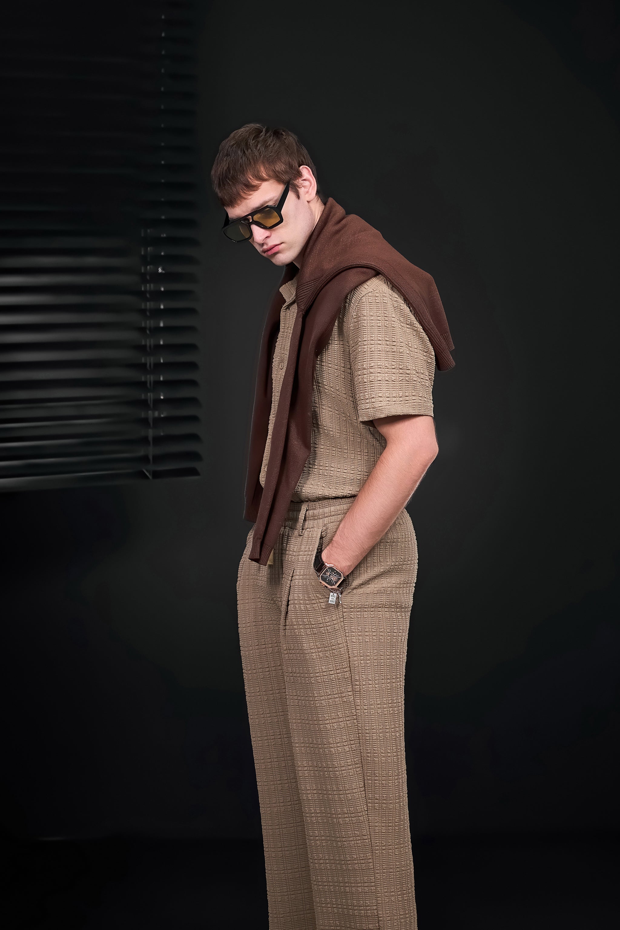 Loft Set – Textured Short Sleeve Shirt & Pant BROWN