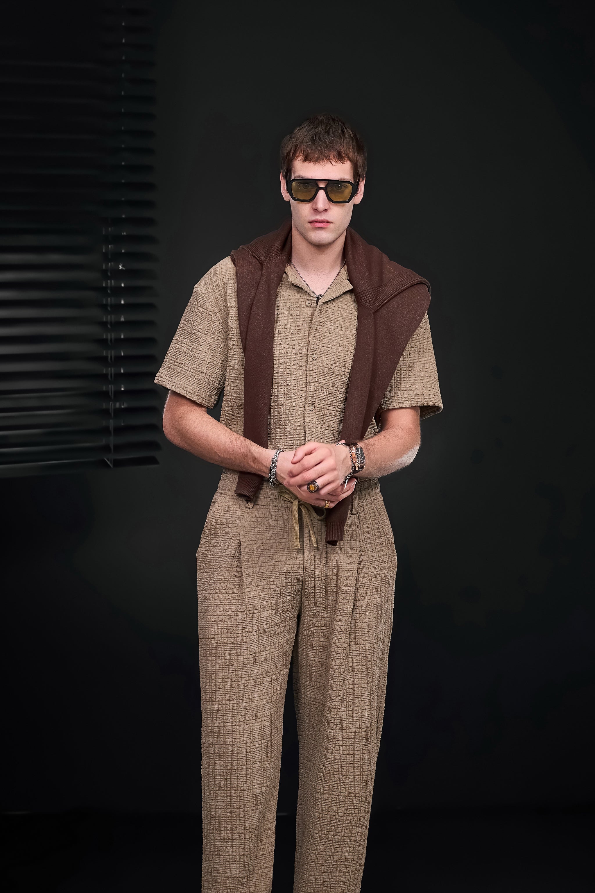 Loft Set – Textured Short Sleeve Shirt & Pant BROWN