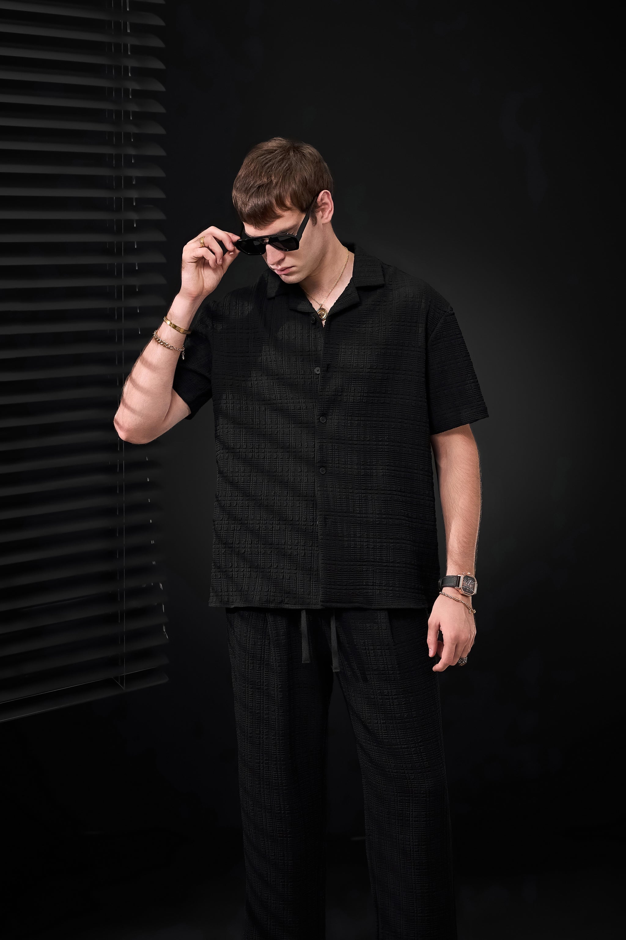 Loft Set – Textured Short Sleeve Shirt & Pant BLACK