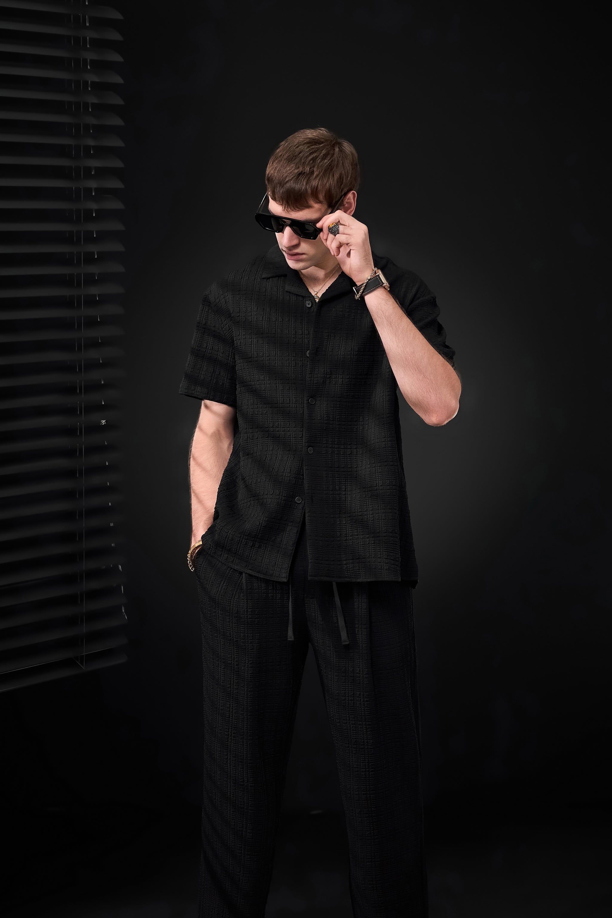 Loft Set – Textured Short Sleeve Shirt & Pant BLACK