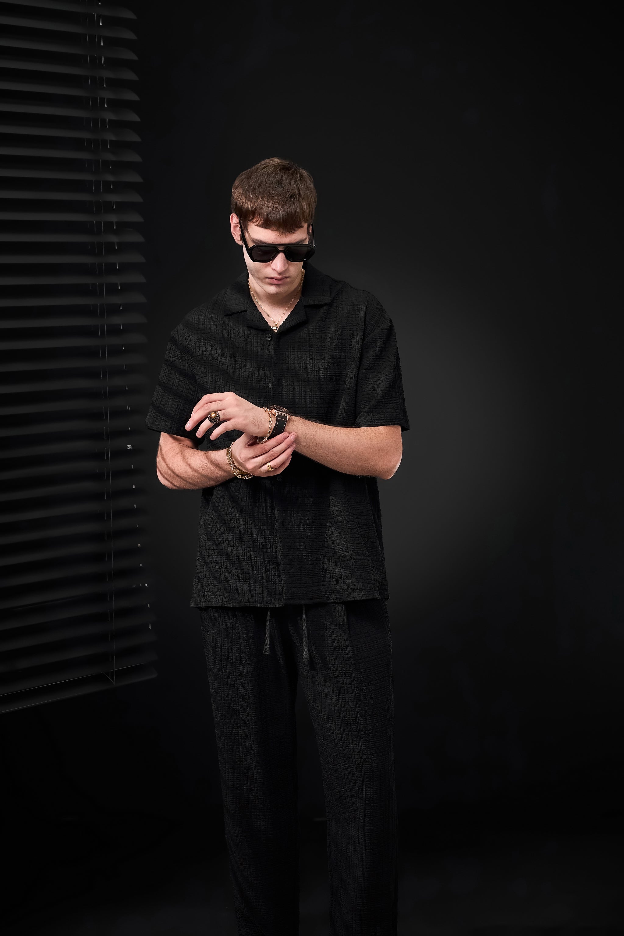 Loft Set – Textured Short Sleeve Shirt & Pant BLACK