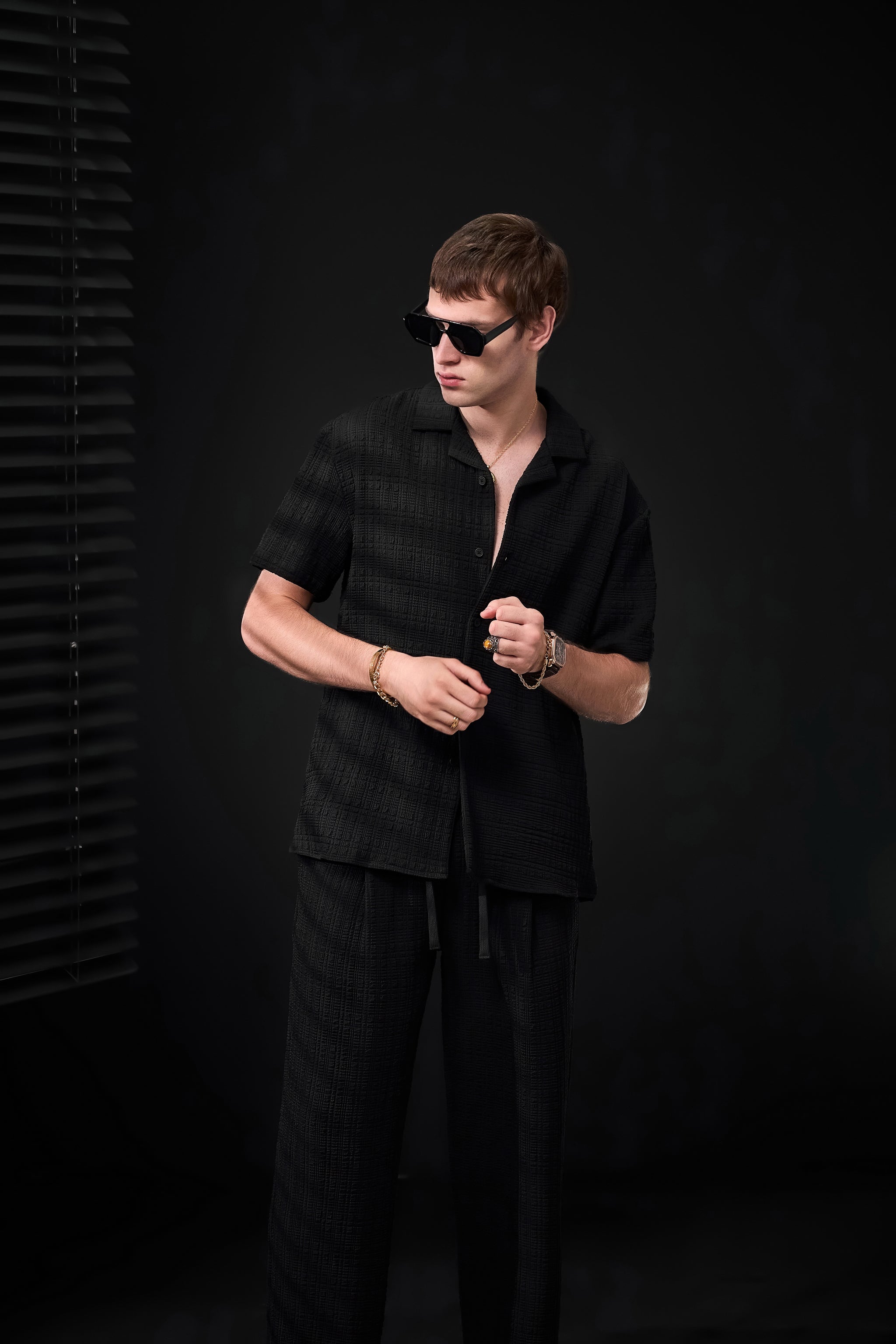 Loft Set – Textured Short Sleeve Shirt & Pant BLACK