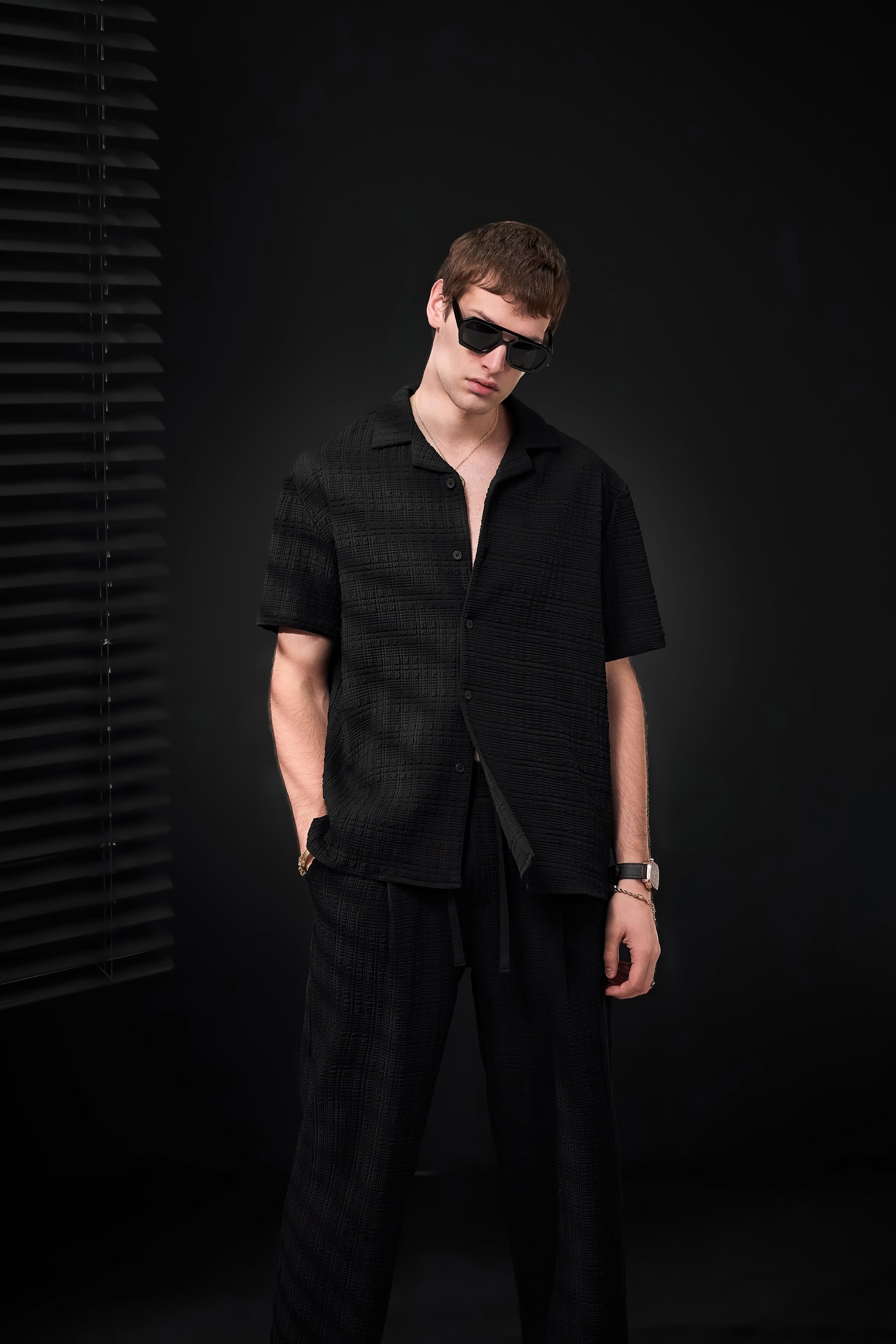 Loft Set – Textured Short Sleeve Shirt & Pant BLACK