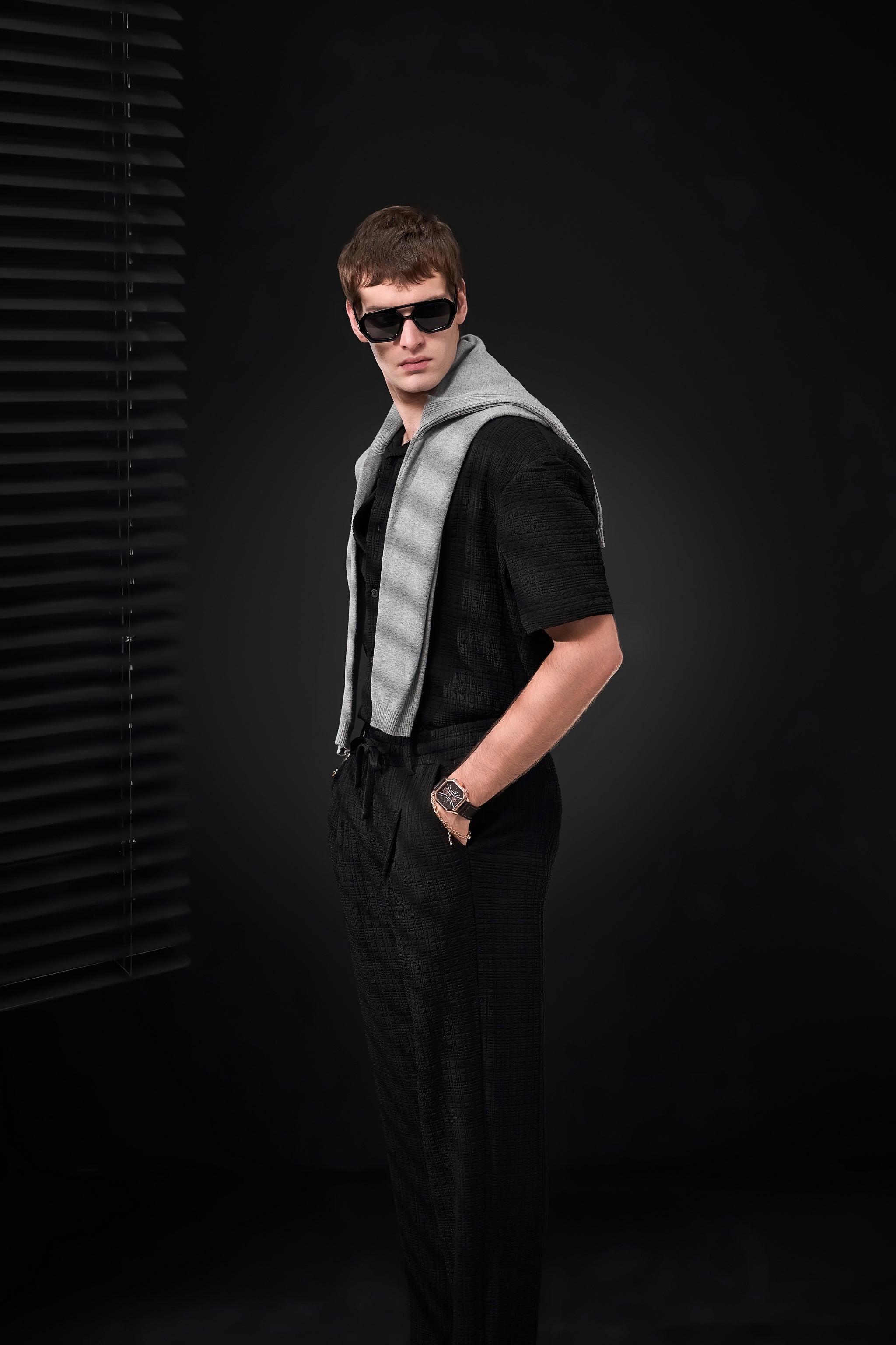 Loft Set – Textured Short Sleeve Shirt & Pant BLACK