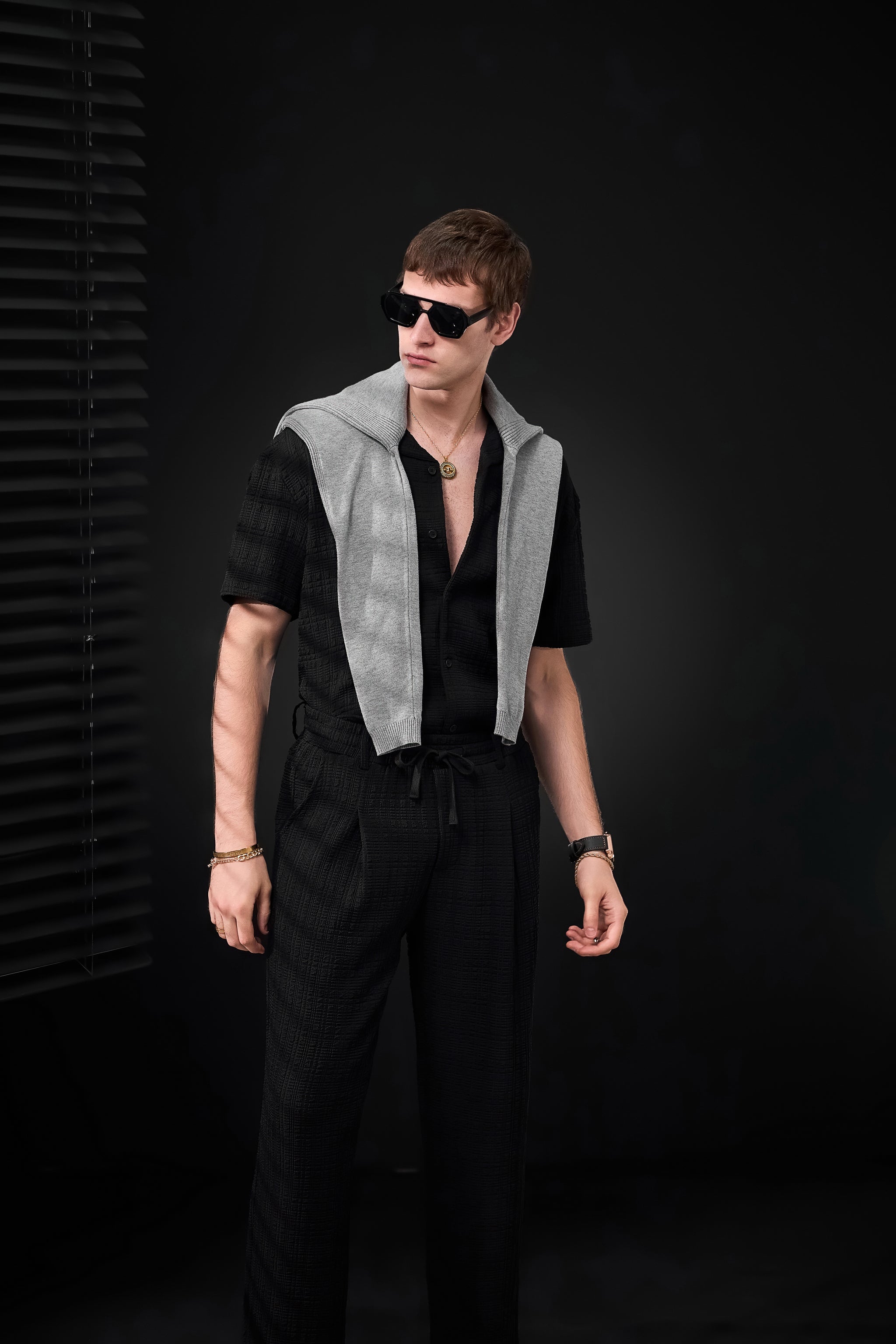 Loft Set – Textured Short Sleeve Shirt & Pant BLACK