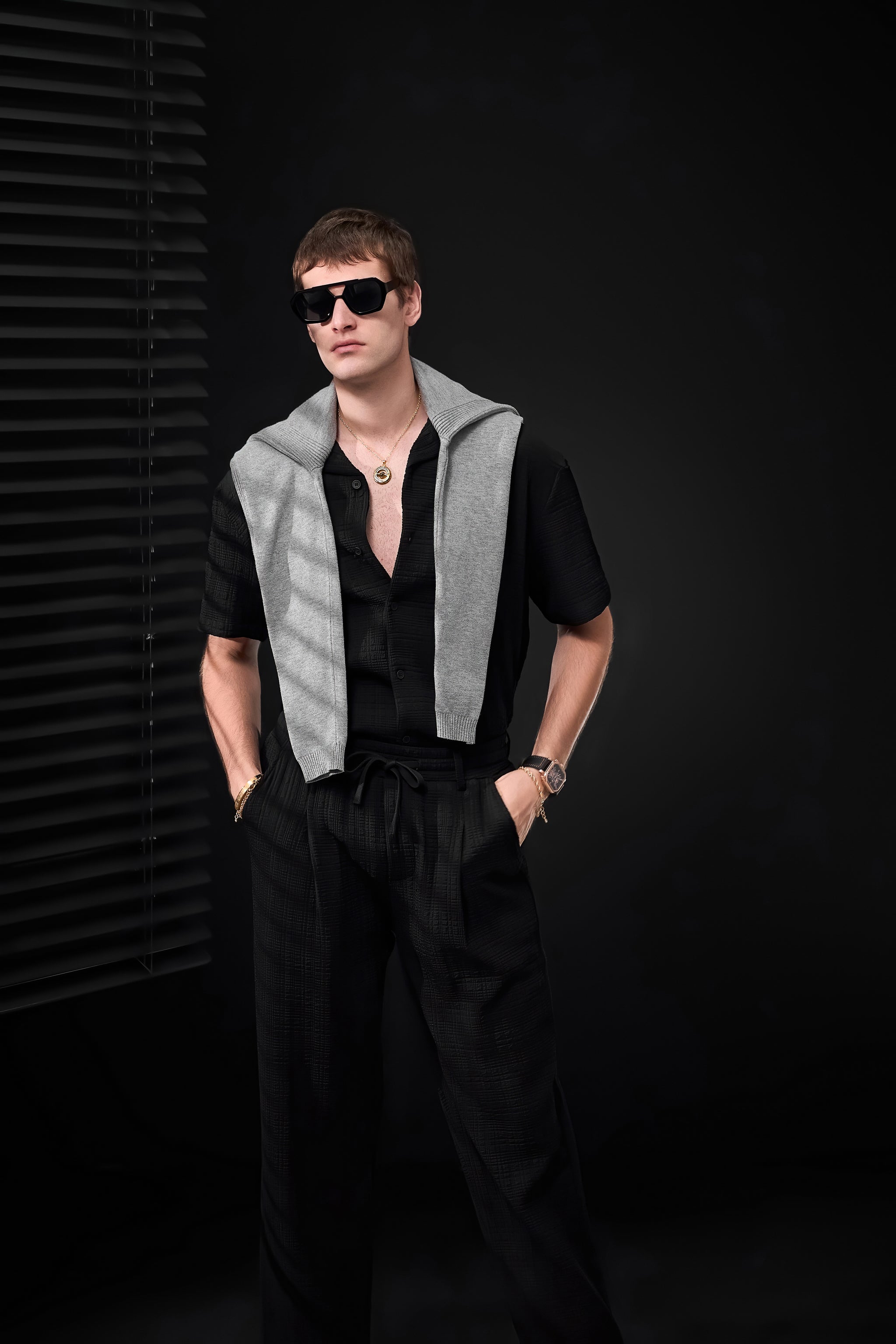 Loft Set – Textured Short Sleeve Shirt & Pant BLACK