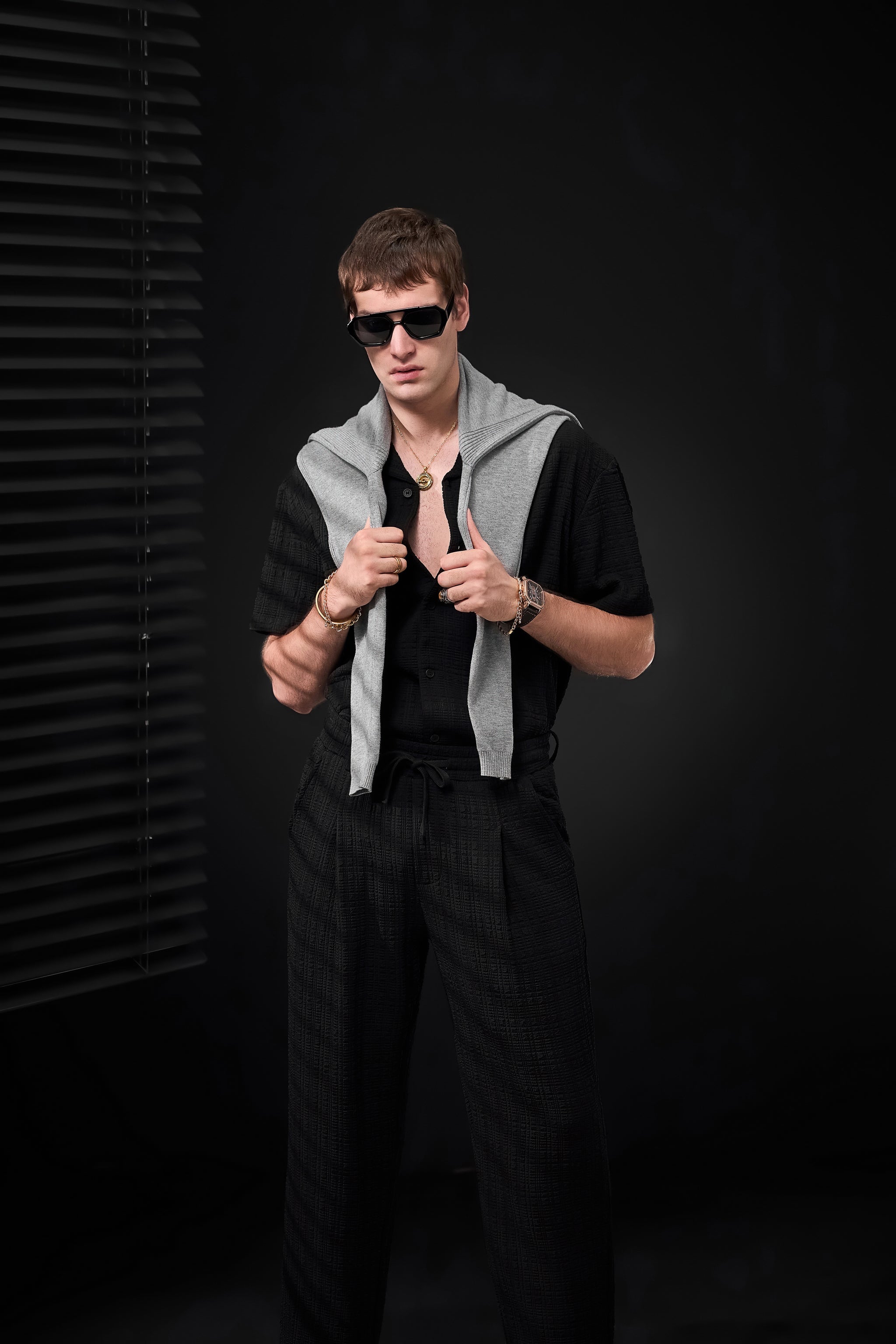 Loft Set – Textured Short Sleeve Shirt & Pant BLACK