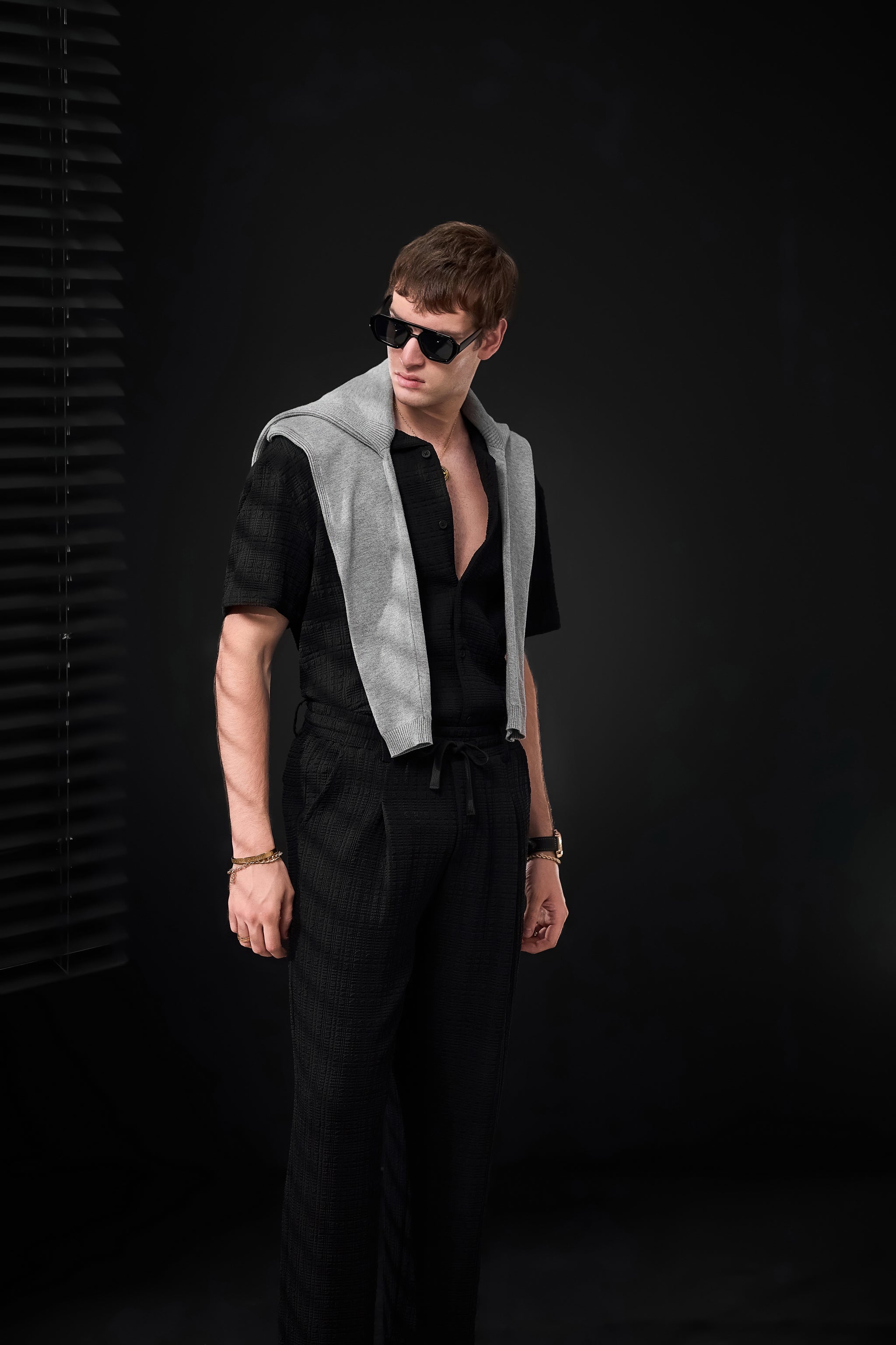 Loft Set – Textured Short Sleeve Shirt & Pant BLACK