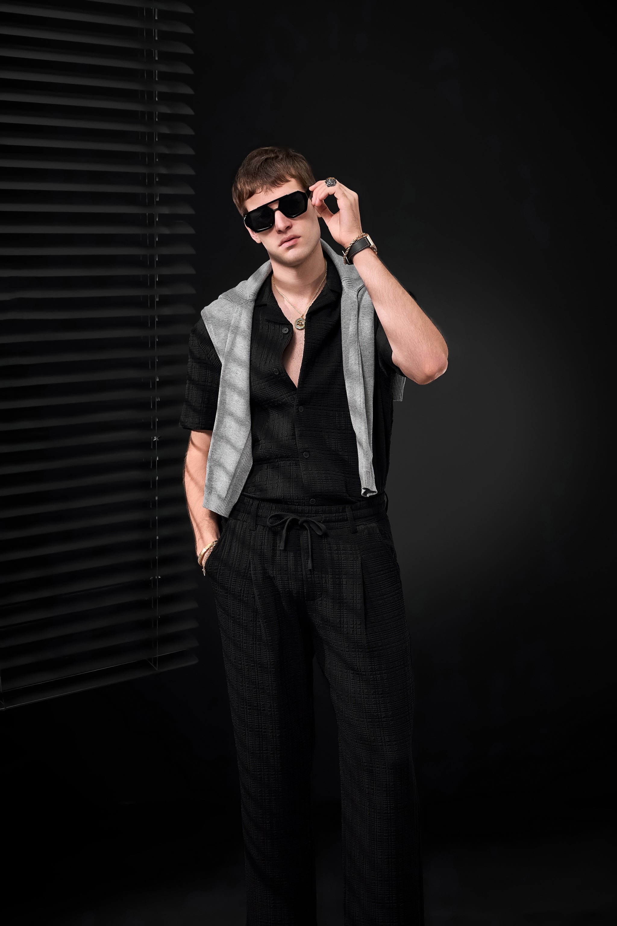 Loft Set – Textured Short Sleeve Shirt & Pant BLACK