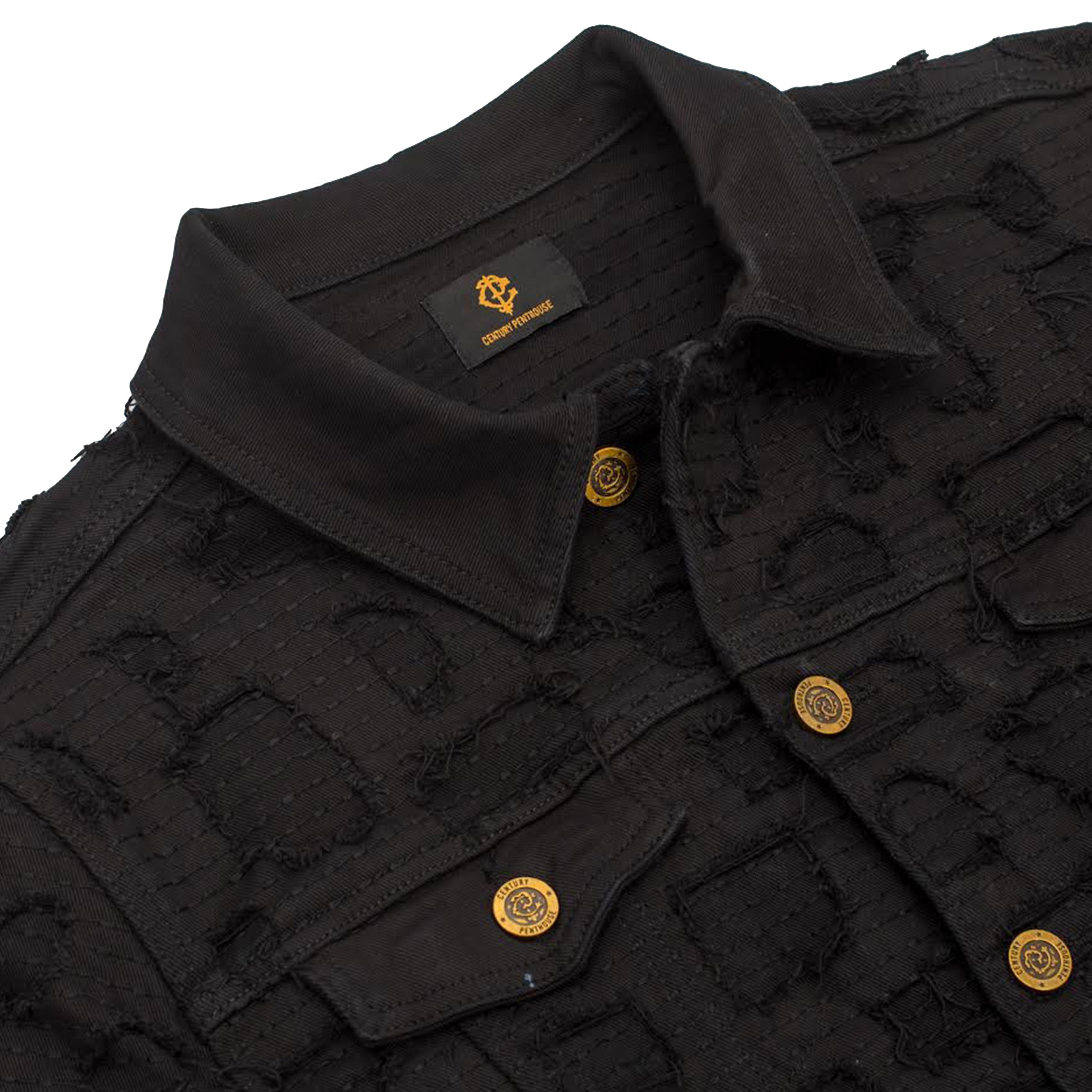 Patchwork Distressed Denim Jacket - CENTURY PENTHOUSE BLACK