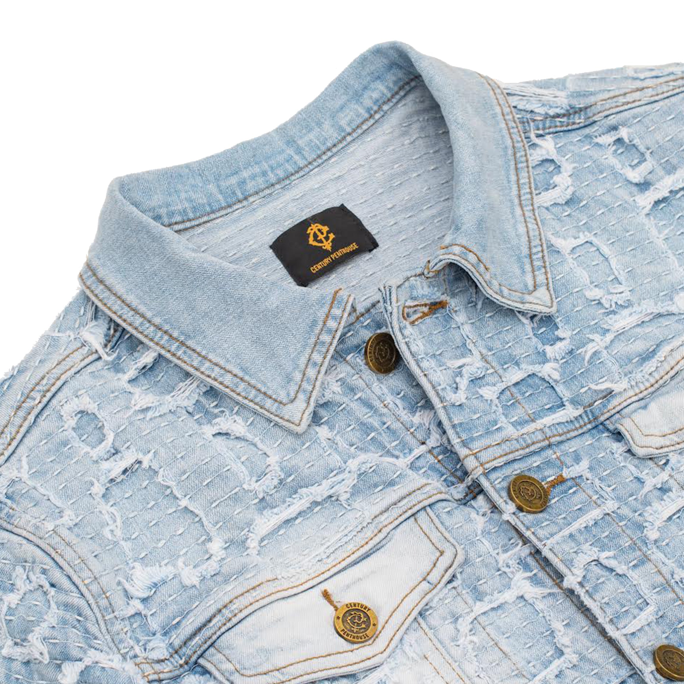 Patchwork Distressed Denim Jacket - CENTURY PENTHOUSE LIGHT BLUE
