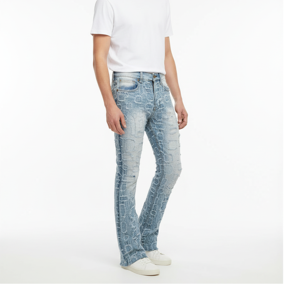 Patchwork Distressed Denim Jeans - Century Penthouse LIGHT BLUE