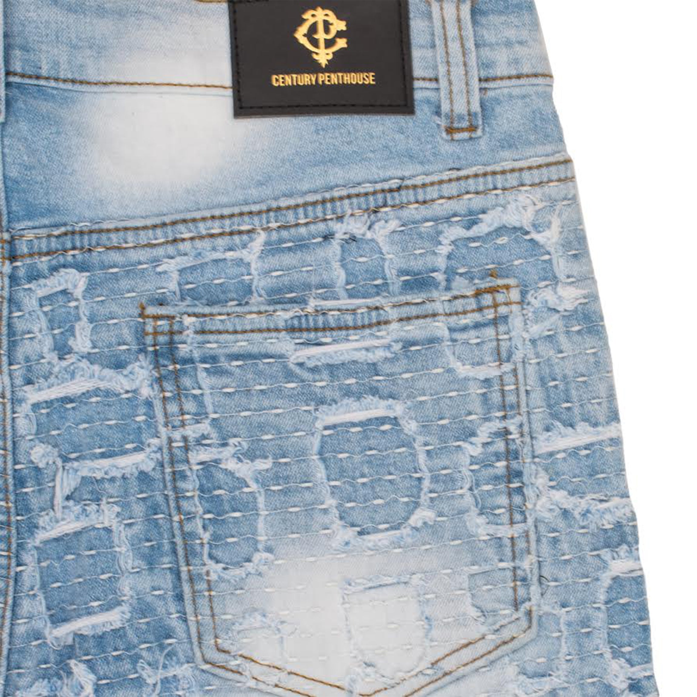 Patchwork Distressed Denim Jeans - Century Penthouse LIGHT BLUE