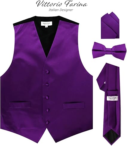 Vittorio Farina Men's Satin Vest, Necktie, Bow Tie and Pocket Square Set  Purple
