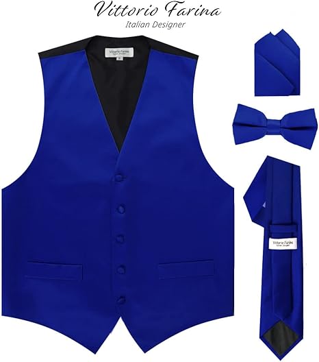 Vittorio Farina Men's Satin Vest, Necktie, Bow Tie and Pocket Square Set Royal