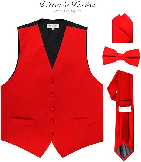 Vittorio Farina Men's Satin Vest, Necktie, Bow Tie and Pocket Square Set Red