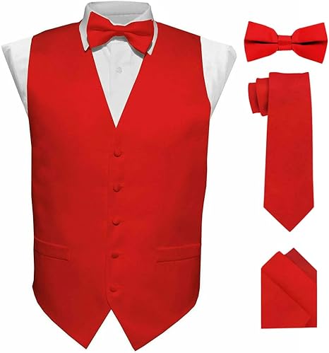 Vittorio Farina Men's Satin Vest, Necktie, Bow Tie and Pocket Square Set Red