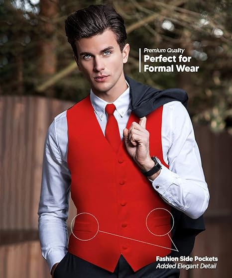 Vittorio Farina Men's Satin Vest, Necktie, Bow Tie and Pocket Square Set Red