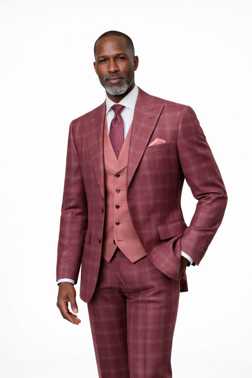 Steve Harvey Mens Burgundy Ivory Plaid 3 Piece Suit Jacket Vest Pants Modern Fit Polyester Rayon Formal Wear Wedding Church Special Occasion