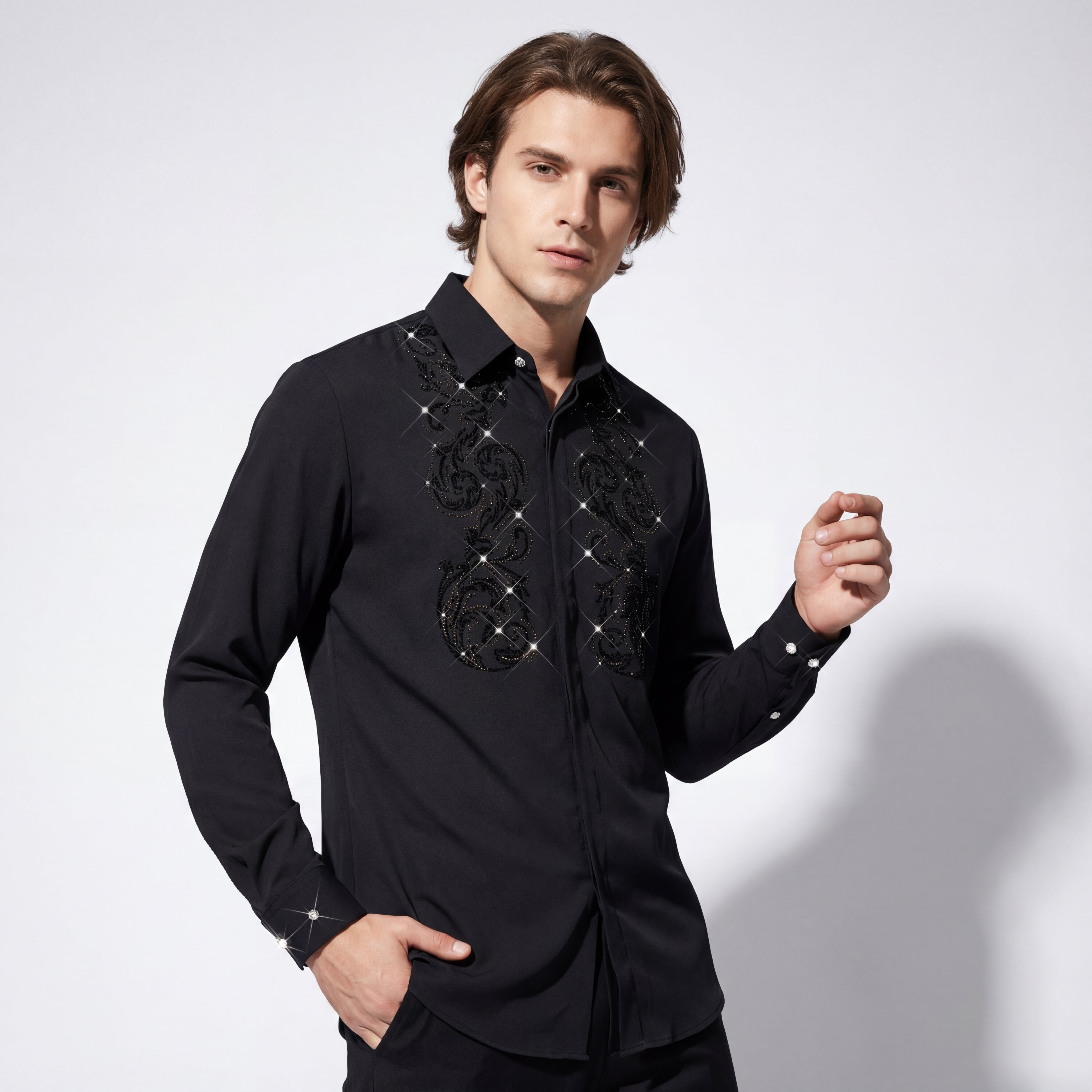 Climbing Heights Rhinestone Button-Up Shirt BLACK