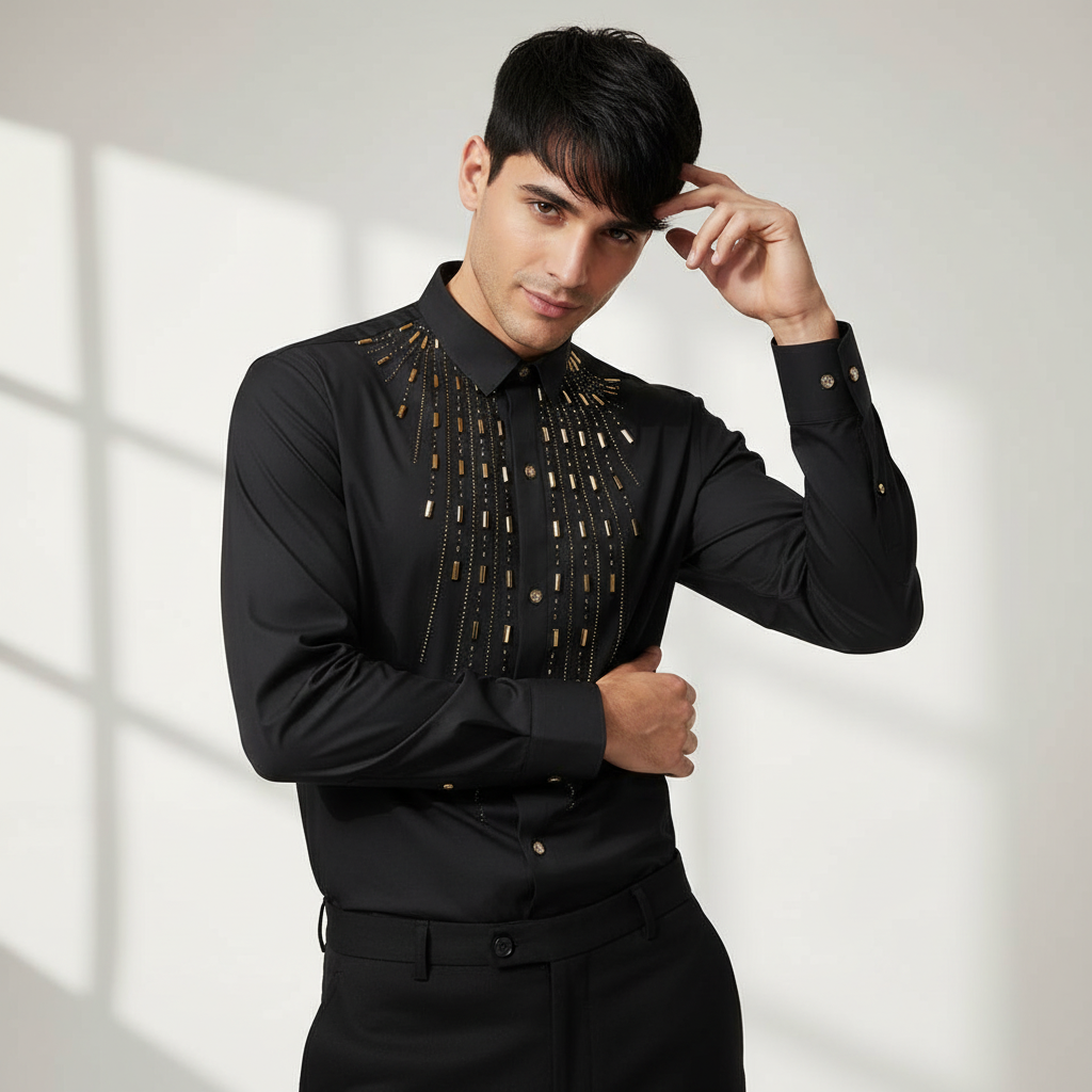 Crystal Flex Button-Up Shirt BLACK/GOLD