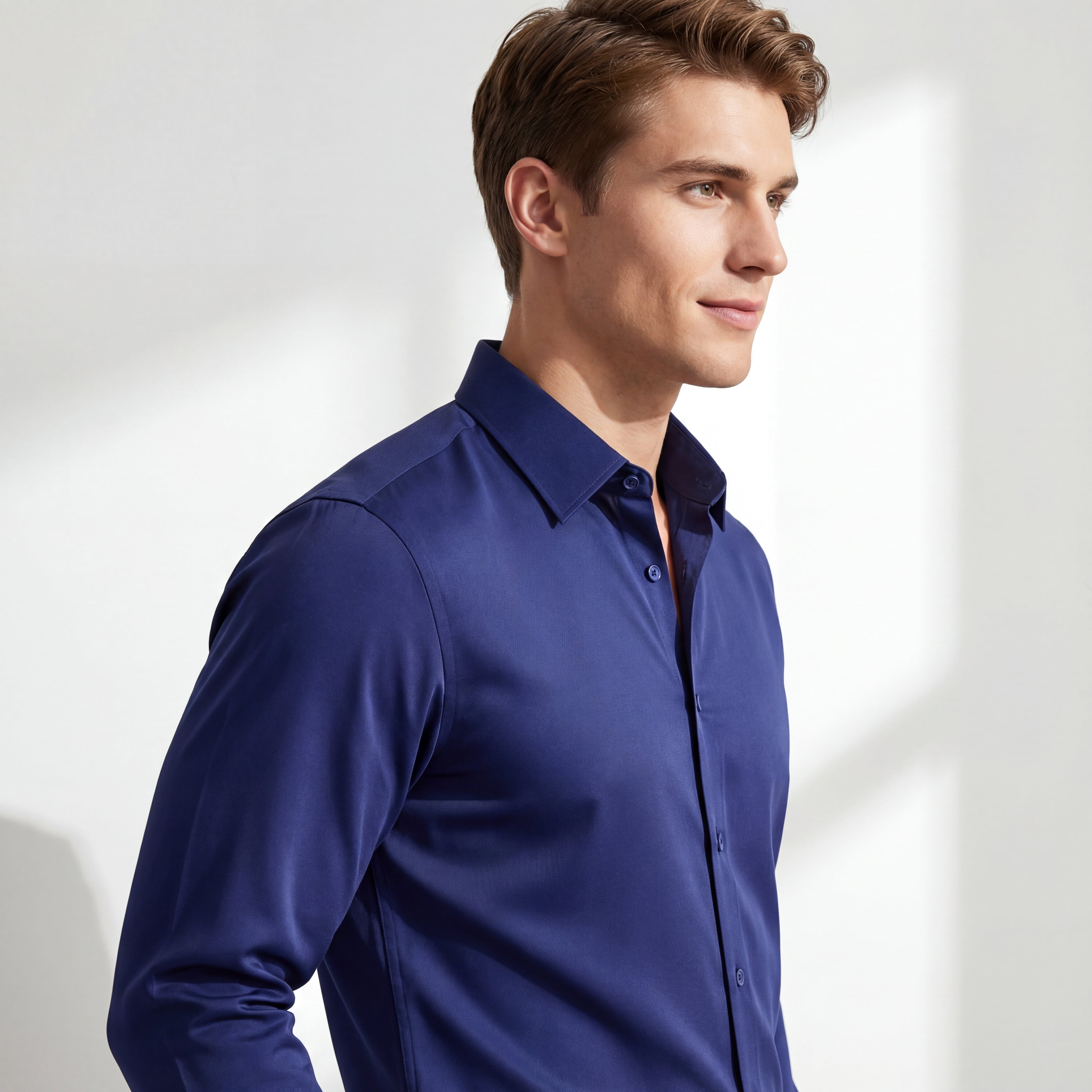 SIGNITURE SATIN STITCHLESS LS Shirt NAVY