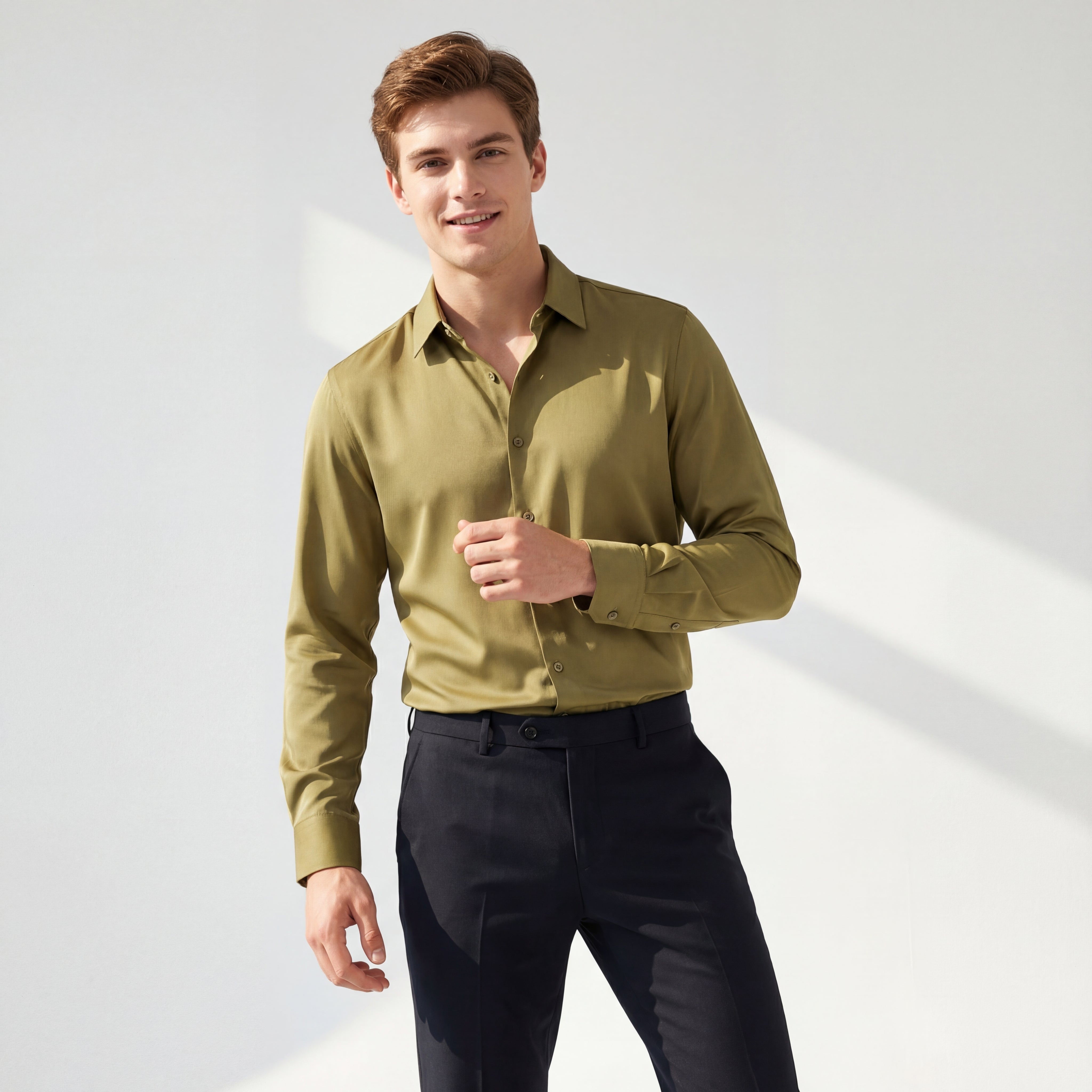 SIGNITURE SATIN STITCHLESS LS Shirt OLIVE