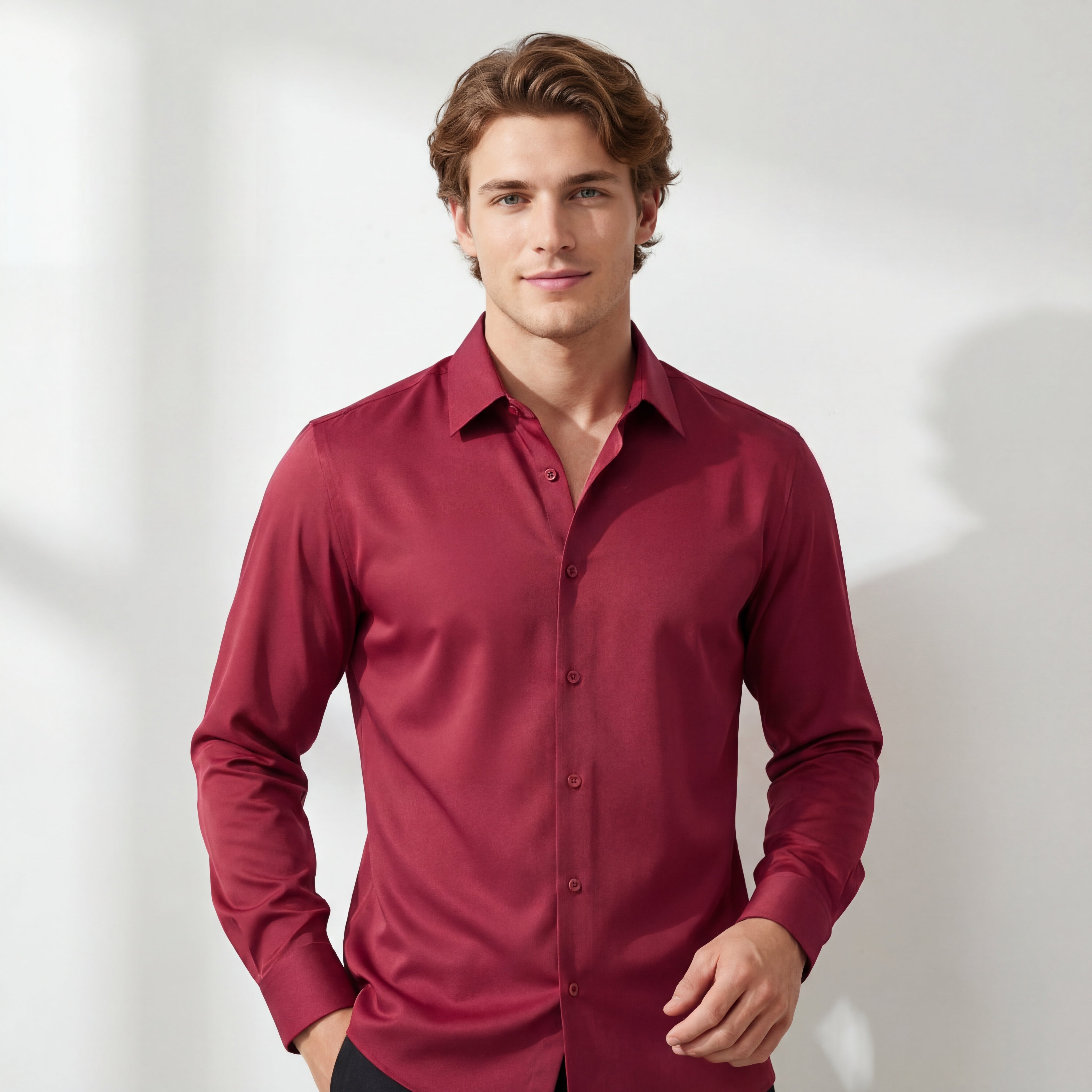 SIGNITURE SATIN STITCHLESS LS Shirt WINE