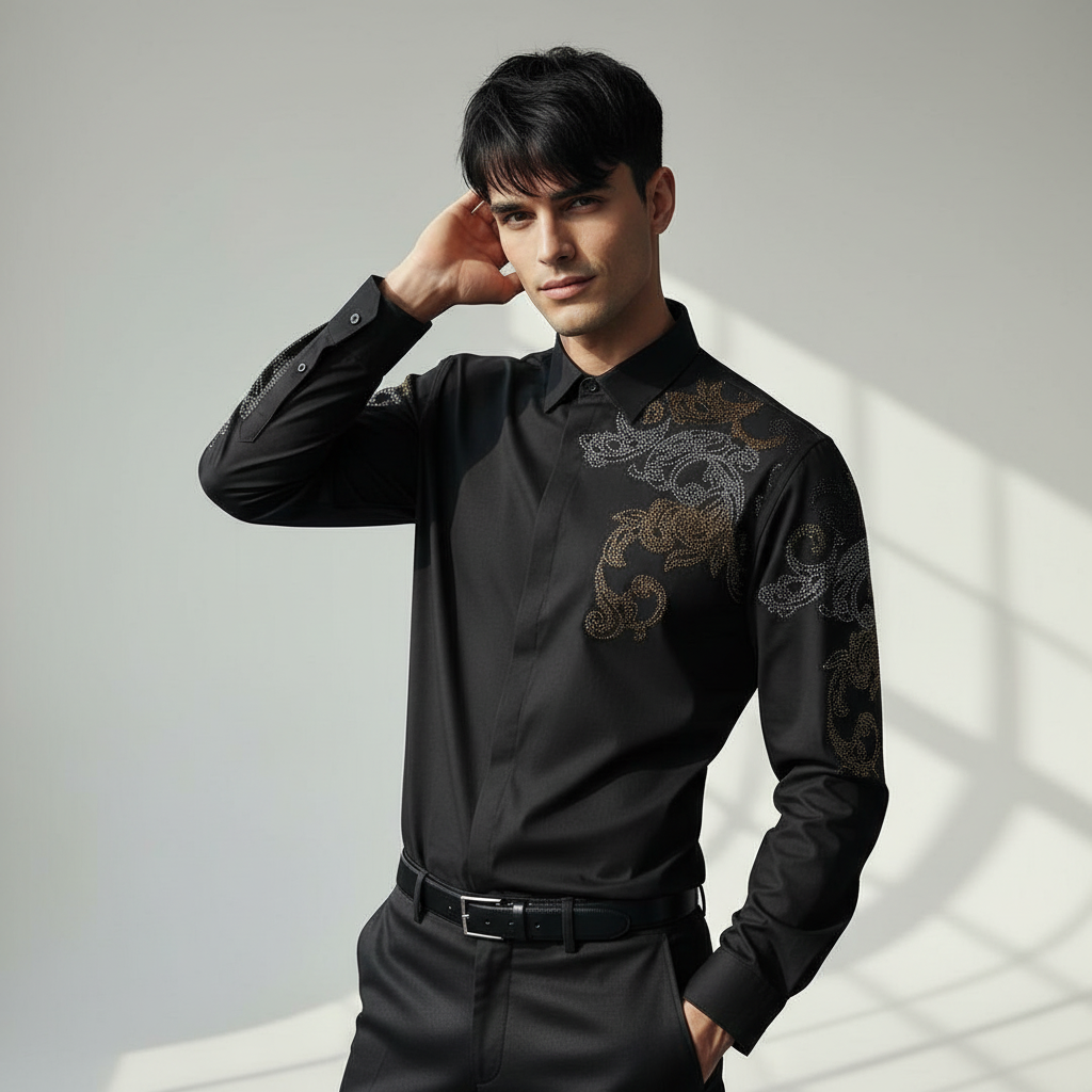 Floral Crystal Shirt-BLACK/GUN GOLD