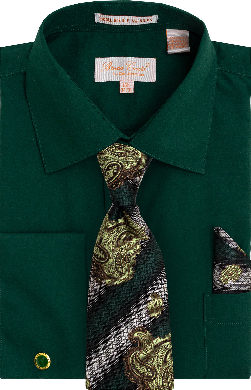 Bruno Contee Men's Green Dress Shirt Tie Pocket Square Set 16.5 Neck 34-35 Sleeve Polyester Cotton Paisley Stripe Elegant Formal Wear