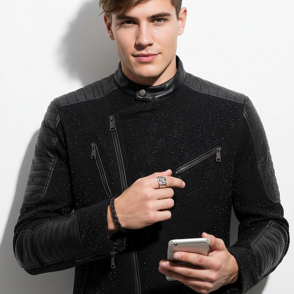 Midnight Spark PU Leather Moto Jacket BLACK/BLACK