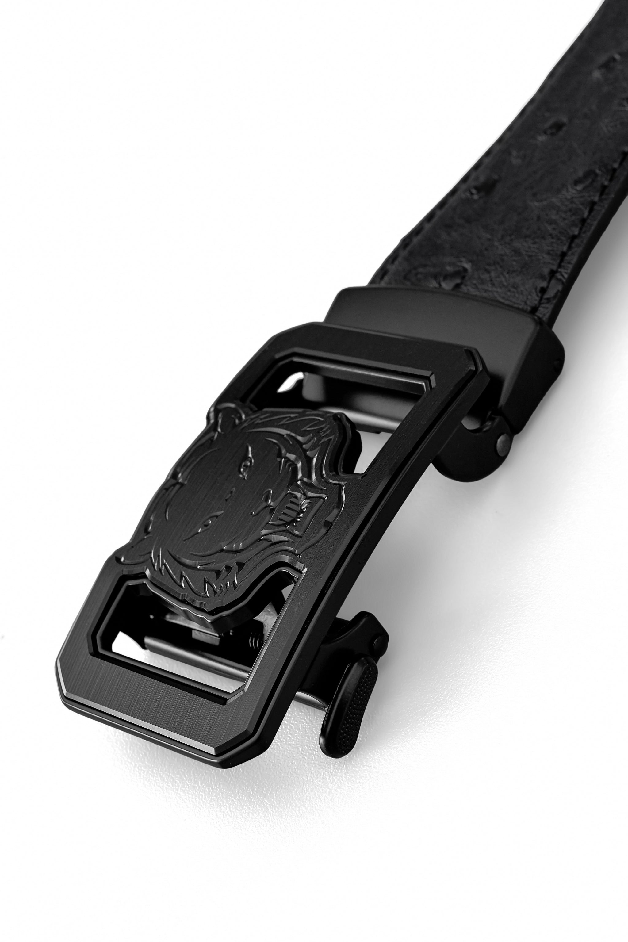 Ostrich-Emb. Leather Lion Auto BKL Belt – Blackout BLACK/BLACK